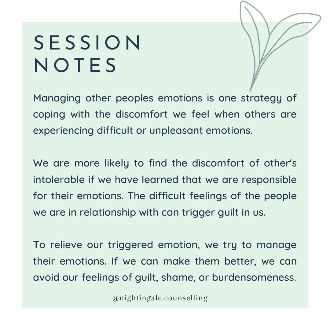 We can often find ourselves upset because of the emotions of others. If they are bored, or annoyed, or sad, or angry, we can find ourselves having little compassion for them. Instead, we find ourselves trying to manage their emotions.⁠
.⁠
Emotion management has many different styles. We might angrily tell them to &quot;grow up&quot;. We might be placating, and tell them &quot;it'll be fine, don't worry&quot;. We might tell them they &quot;should&quot; be having a good time. These are all strategies for attempting to CHANGE THEIR CURRENT EMOTION.⁠
.⁠
Why do we do this? If we cannot tolerate their emotional diversity, it may be because their difficult emotions trigger us into difficult, uncomfortable, or even intolerable emotional states. In particular this is common when we have taken responsibility for the others emotions.⁠
.⁠
This is common. A parent feels responsible for the life of the child. A partner feels responsible for the life of their spouse. A friend feels responsible for wh