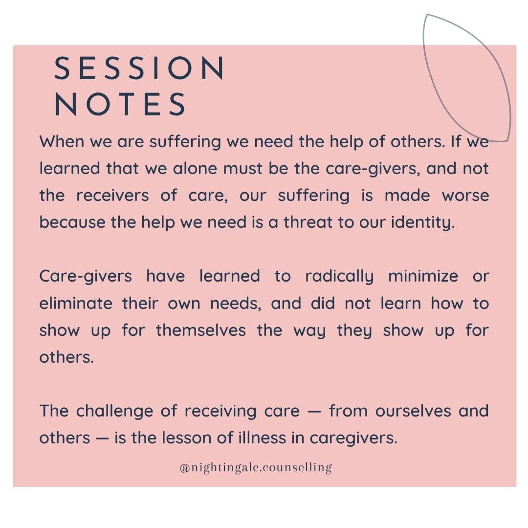 For caregivers, accepting love, help, and support can be a terrifying threat to our identity, and to our security. Many caregivers have learned that for them to be safe in their relationships they must be organized in a very specific way. The rules often include: be self sufficient, do not be a burden, minimize your needs, put others before you. ⁠
.⁠
In addition, caregivers often have a back up plan if this &quot;Plan A&quot; doesn't work. Plan B is to learn to get on in life without support, without help, without care. So even if the rules don't help, we won't end up hurt too badly.⁠
.⁠
But life has other plans for us. We will, without doubt, encounter times of illness, pain, grief, loss, and suffering during our life. And this is made worse when we try to carry it alone. For caregivers, the profound challenge of suffering  is not the pain alone, but that need for Others &mdash; that need for love and support, that need to be cared for. ⁠
.⁠
Not only does our suffering ask us to break
