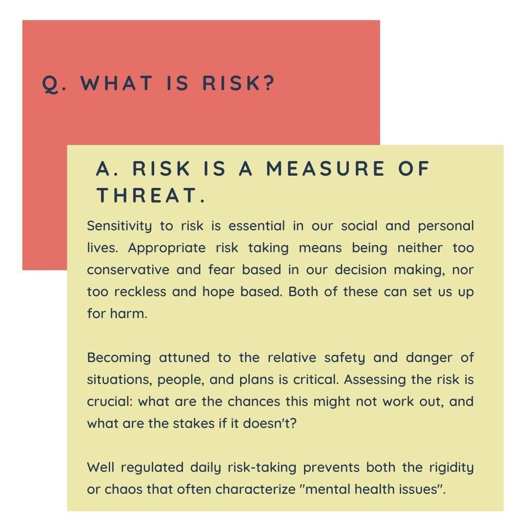 Risk taking might seem like an unlikely topic for a therapy account. But the truth is that many of our behaviours which are maladaptive, painful, or patterned often have insufficient regulation of risk at their core.⁠
.⁠
For those of us with anxious feelings, we can lean towards rigidity. We have a feafulness about the world which leads us to conservative decision making, inacurately assessing the level of risk and the size of the stakes in certain situations: erring on the side of caution. While this can be a helpful strategy for managing fearfulness, it can also lead to stagnation and rigidity.⁠
.⁠
On the other hand, many of us are insufficiently assess the riskiness of situations, or actively chase the thrill of risk and danger. Rather than &quot;fetishizing safety&quot;, we do the same for danger. The potential for harm here is more readily apparent, and this group is usually familiar with risk conversations.⁠
.⁠
The truth is that there is no single sweet spot for risks. We must al