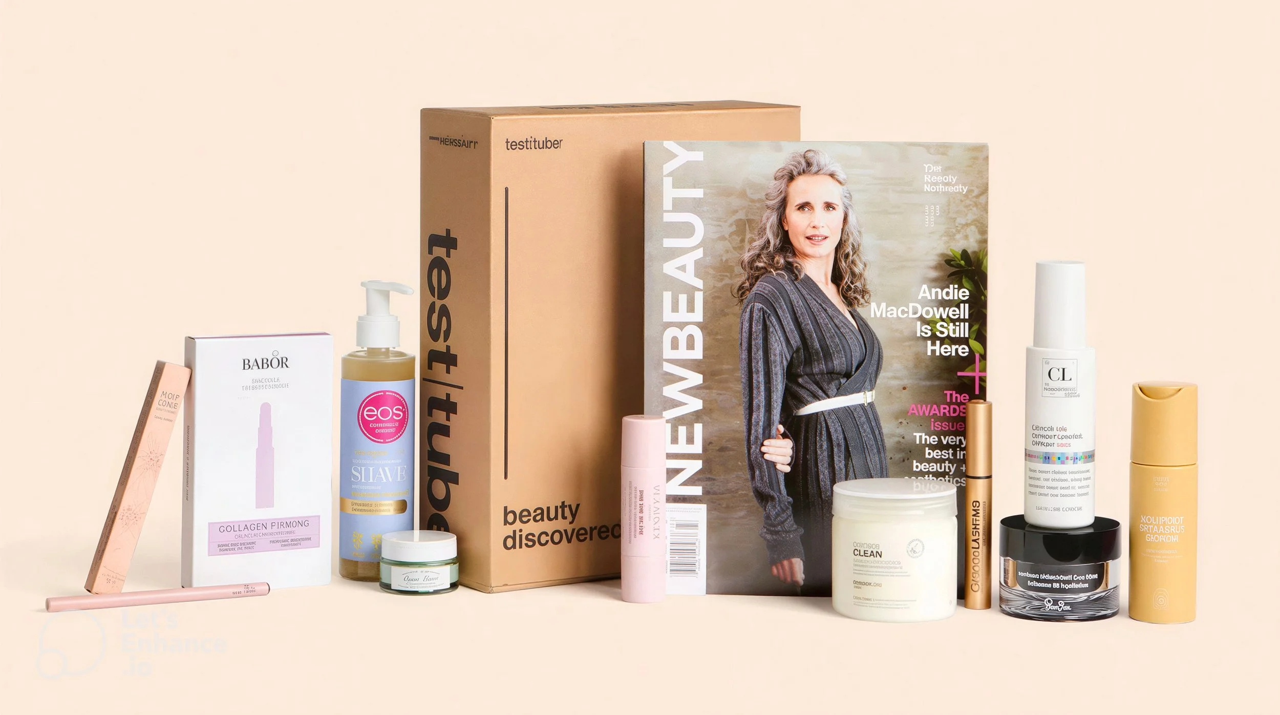 A collection of skincare and beauty products, including creams, serums, and tools, arranged on a surface behind a magazine featuring a woman with gray hair on the cover.