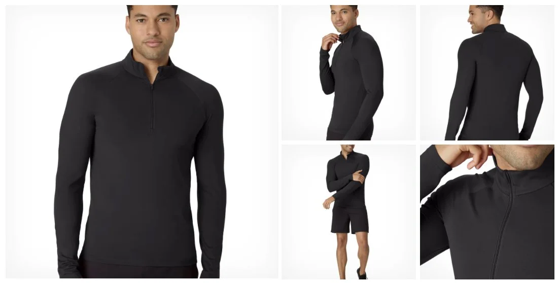 A collage of a man modeling a black athletic quarter-zip long-sleeve shirt and matching shorts against a white background.