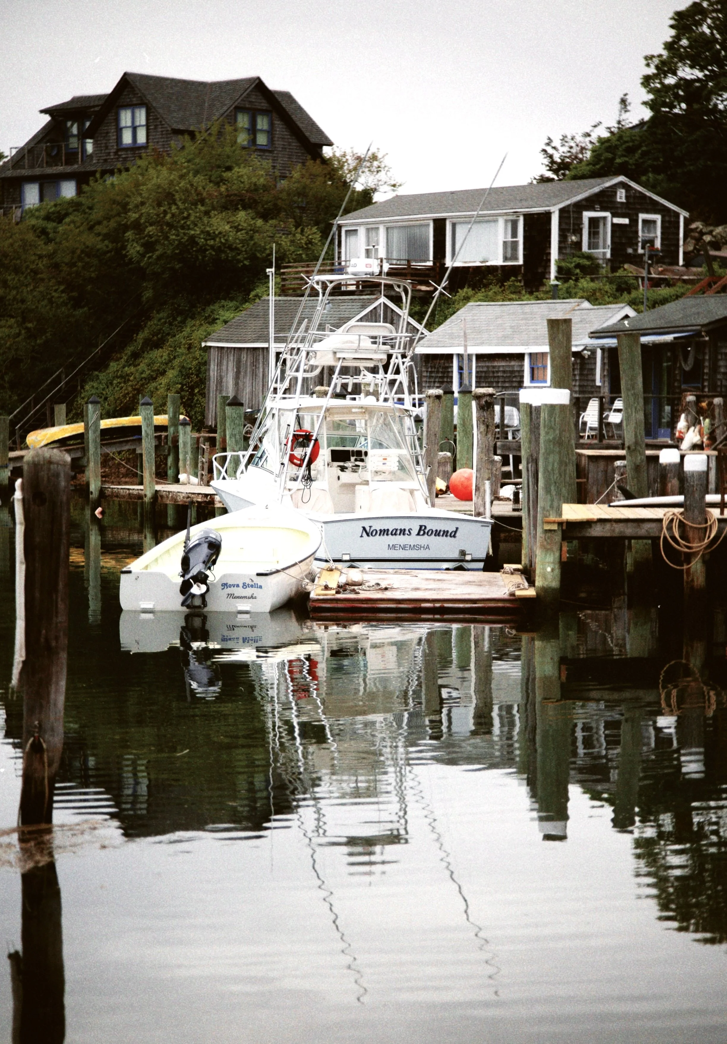 A marina with boats docked along a pier, with houses and trees in the background, and the water reflecting the scene.