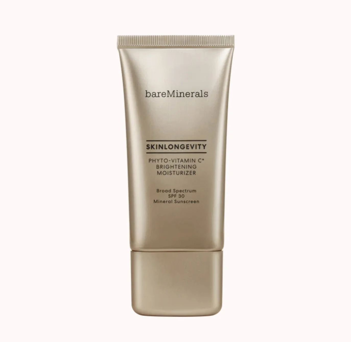 BareMinerals Skinlongevity Phyto-Vitamin C Brightening Moisturizer in a beige tube with a screw cap, featuring black text indicating it provides SPF 30 broad spectrum mineral sunscreen.