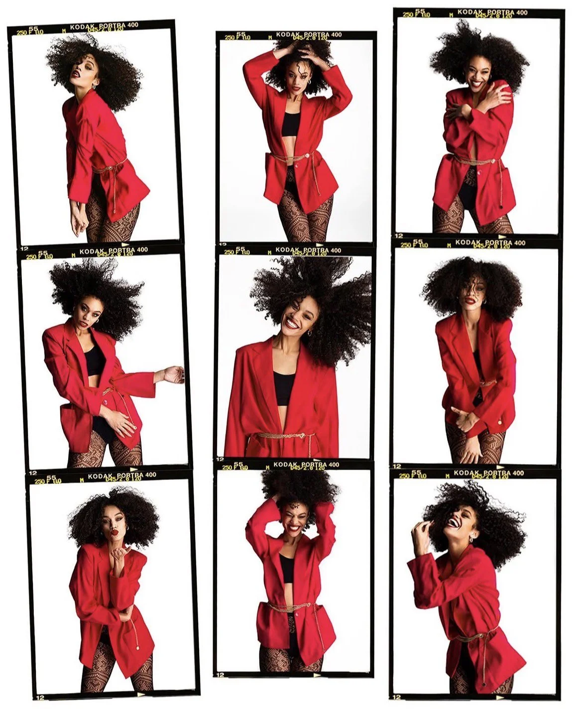 A collage of nine photos features a woman with curly hair wearing a red blazer and black fishnet stockings, posing in various playful and expressive poses against a white background.