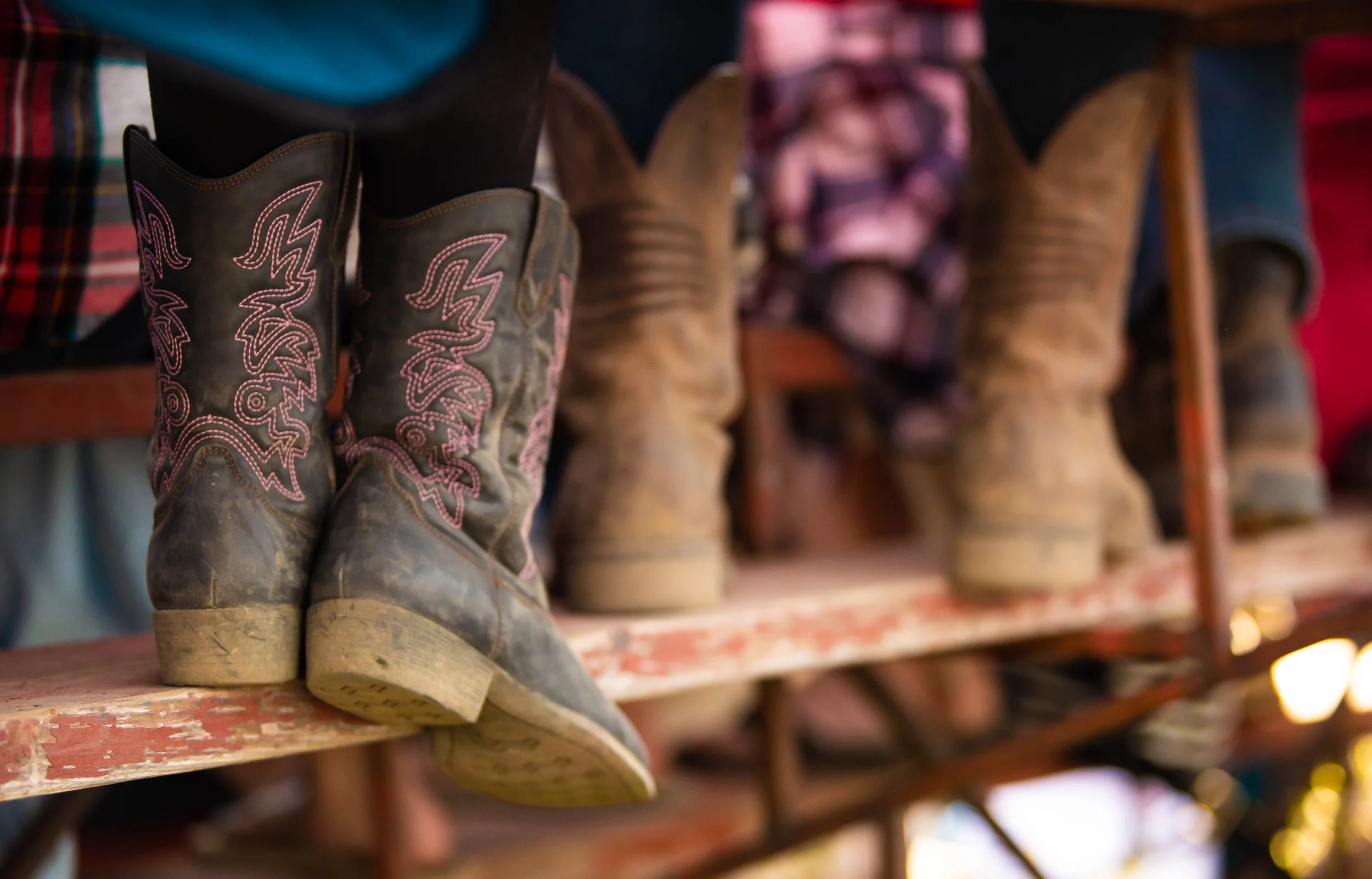 Close-up of cowboy boots displayed on a wooden shelf in a store.