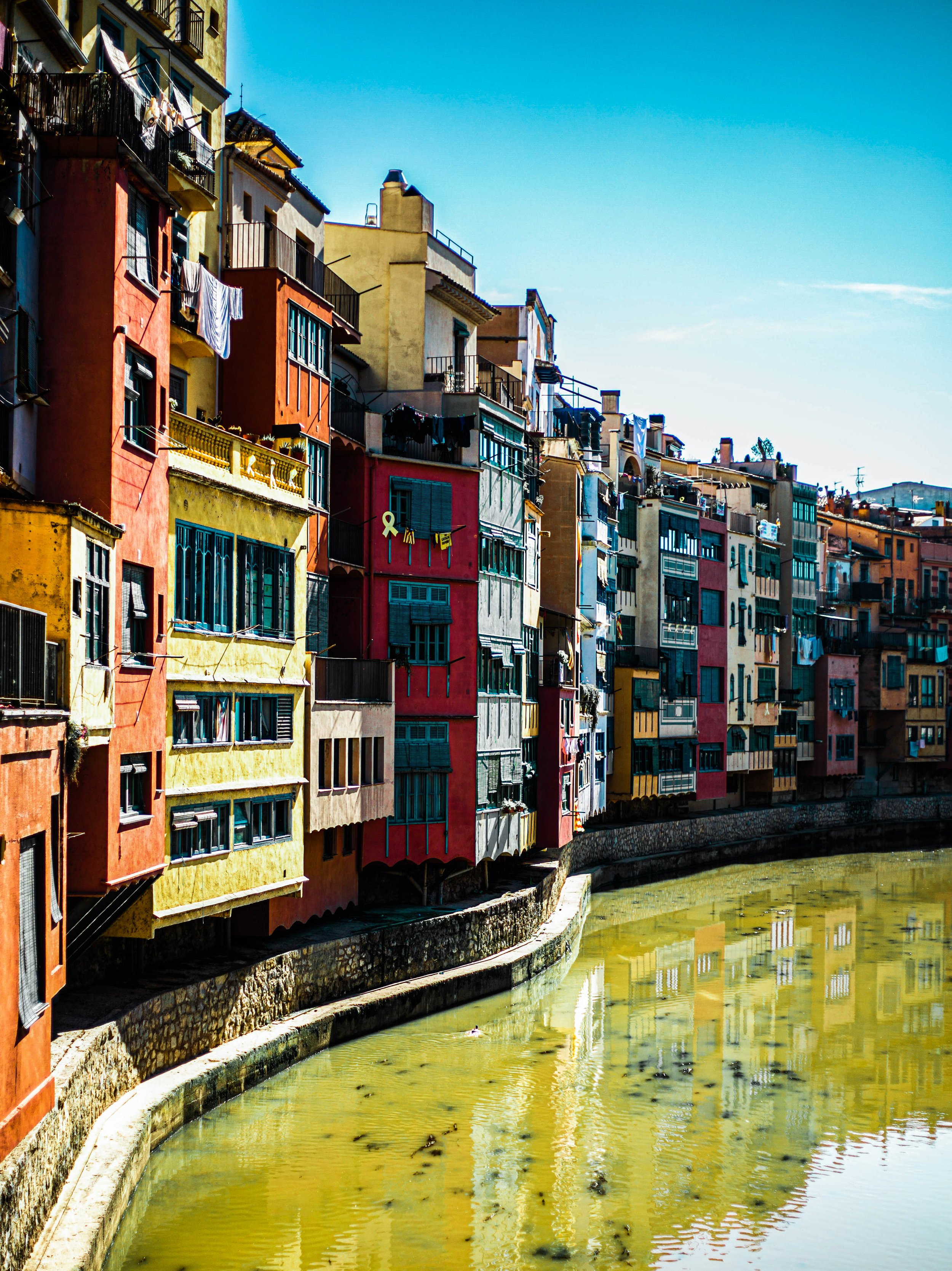 Colorful apartment buildings along a canal with water and some ducks, under a clear blue sky.