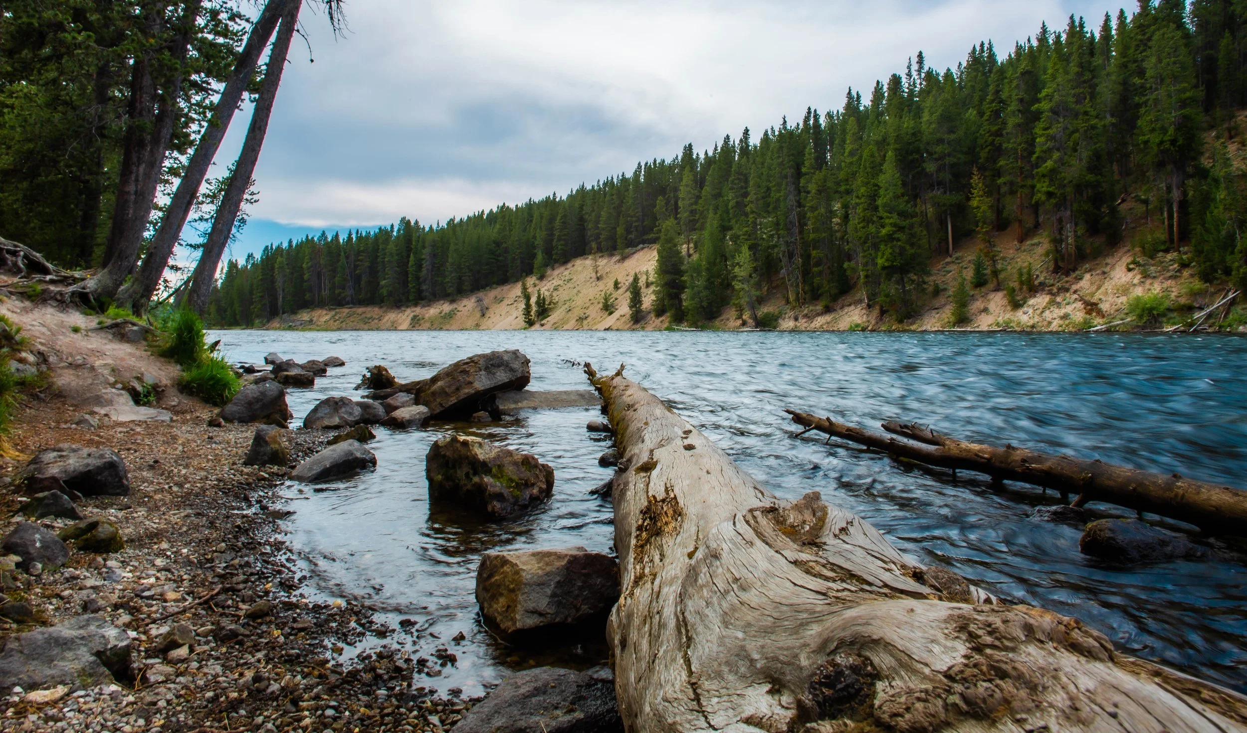 A river with a log in the foreground, surrounding rocks and dense green forest on the riverbank, under a cloudy sky.