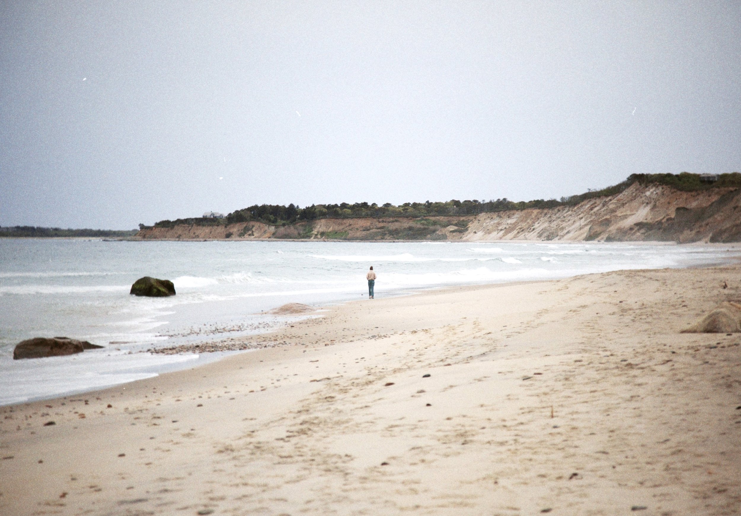 A person walking along a sandy beach near the ocean with cliffs and greenery in the background.