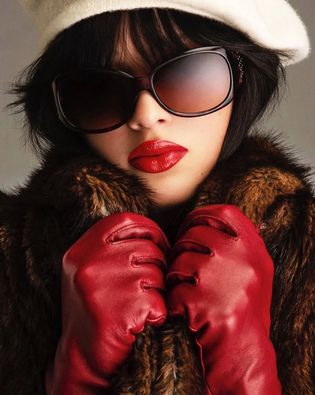 Woman with dark hair wearing large sunglasses, a white hat, red lipstick, red gloves, and a fur coat.