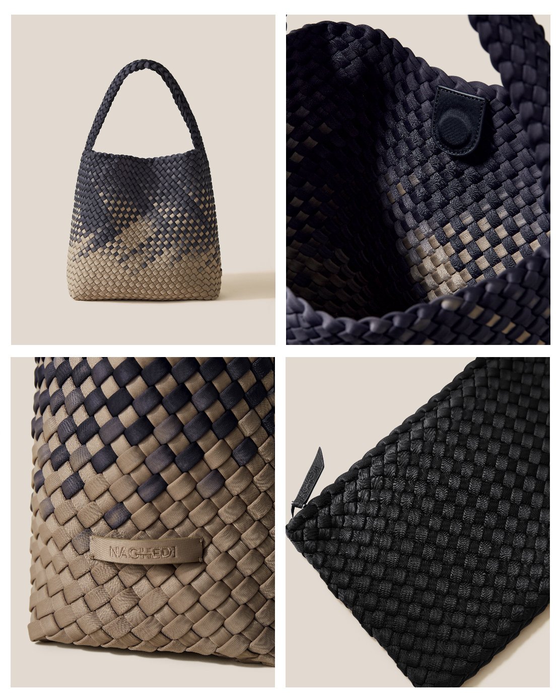 A woven handbag with a gradient pattern from beige to black, and a matching woven black zippered pouch.
