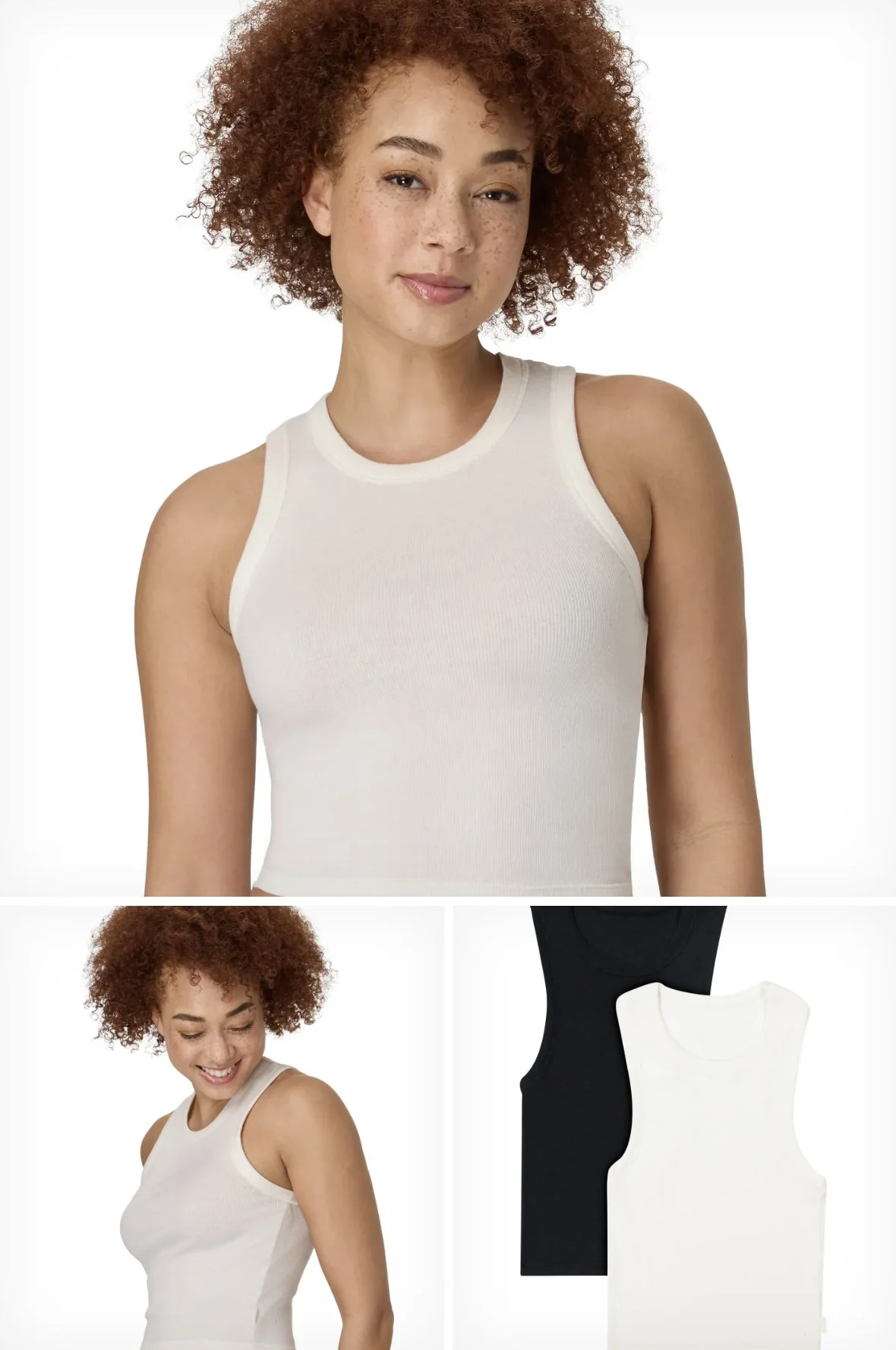 A woman with curly red hair smiling, wearing a white sleeveless tank top. There are additional photos showing her looking down and to the side, along with black and white tank tops.