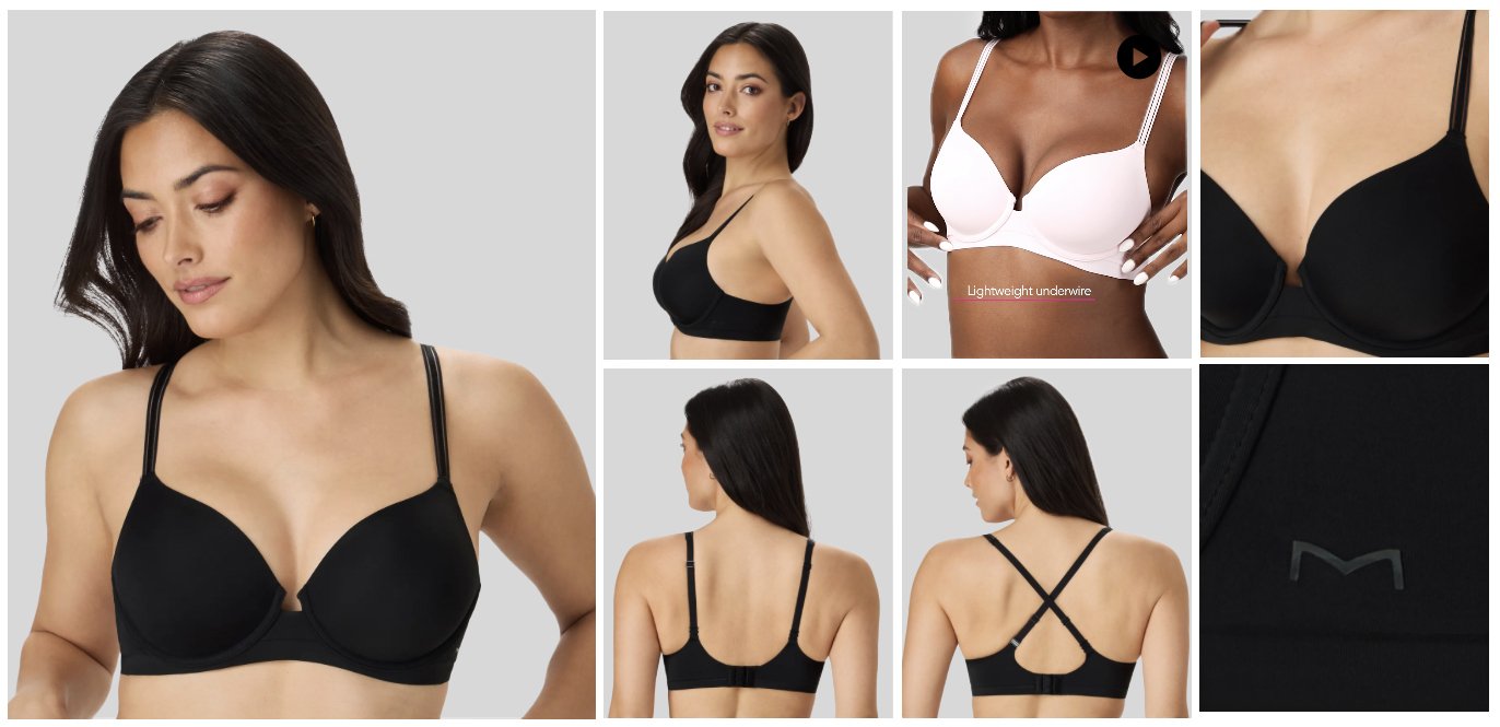 Multiple images of a woman modeling different bras, including front, back, and side views, in black and white colors, with close-ups of fabric and detailing.