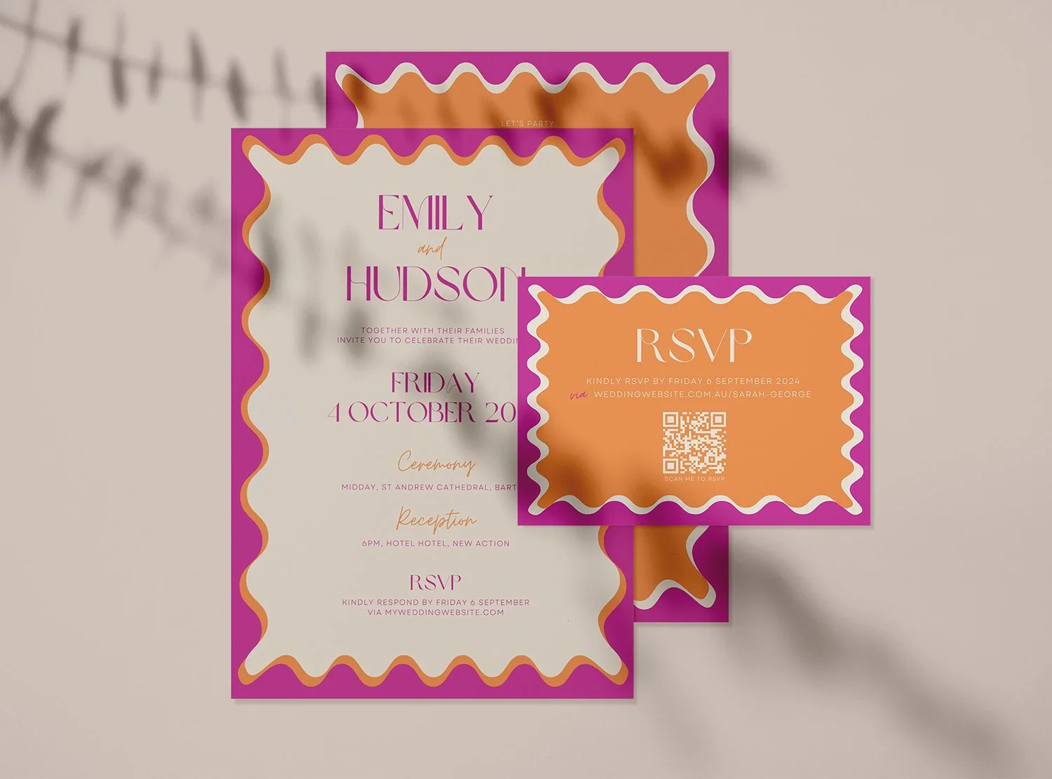 pink and orange wavy border wedding invitation and RSVP card design