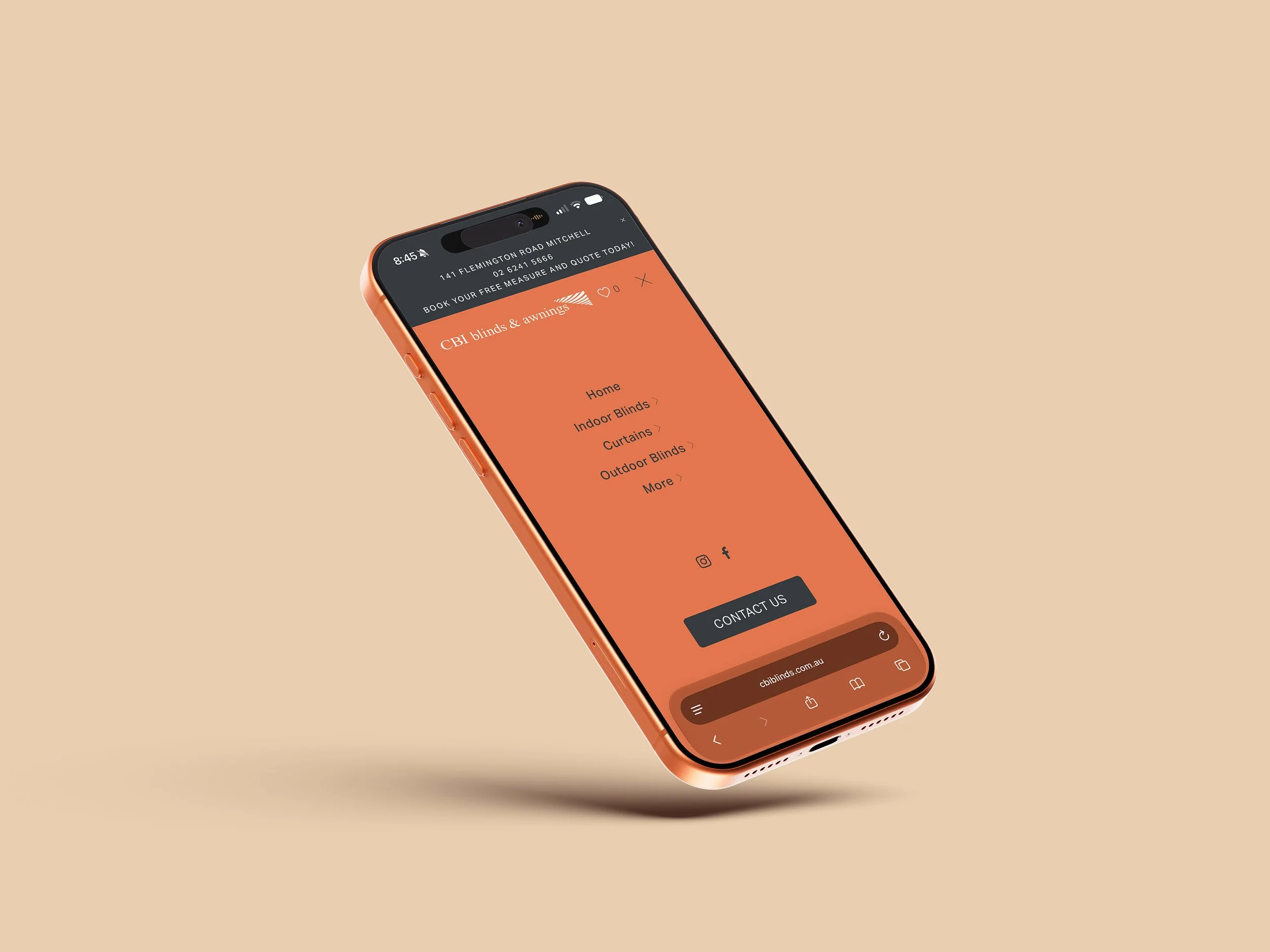 Raego Creative - CBI Blinds and Awnings Website - Floating iPhone on Light Background Mobile Menu Overlay Screen.jpg