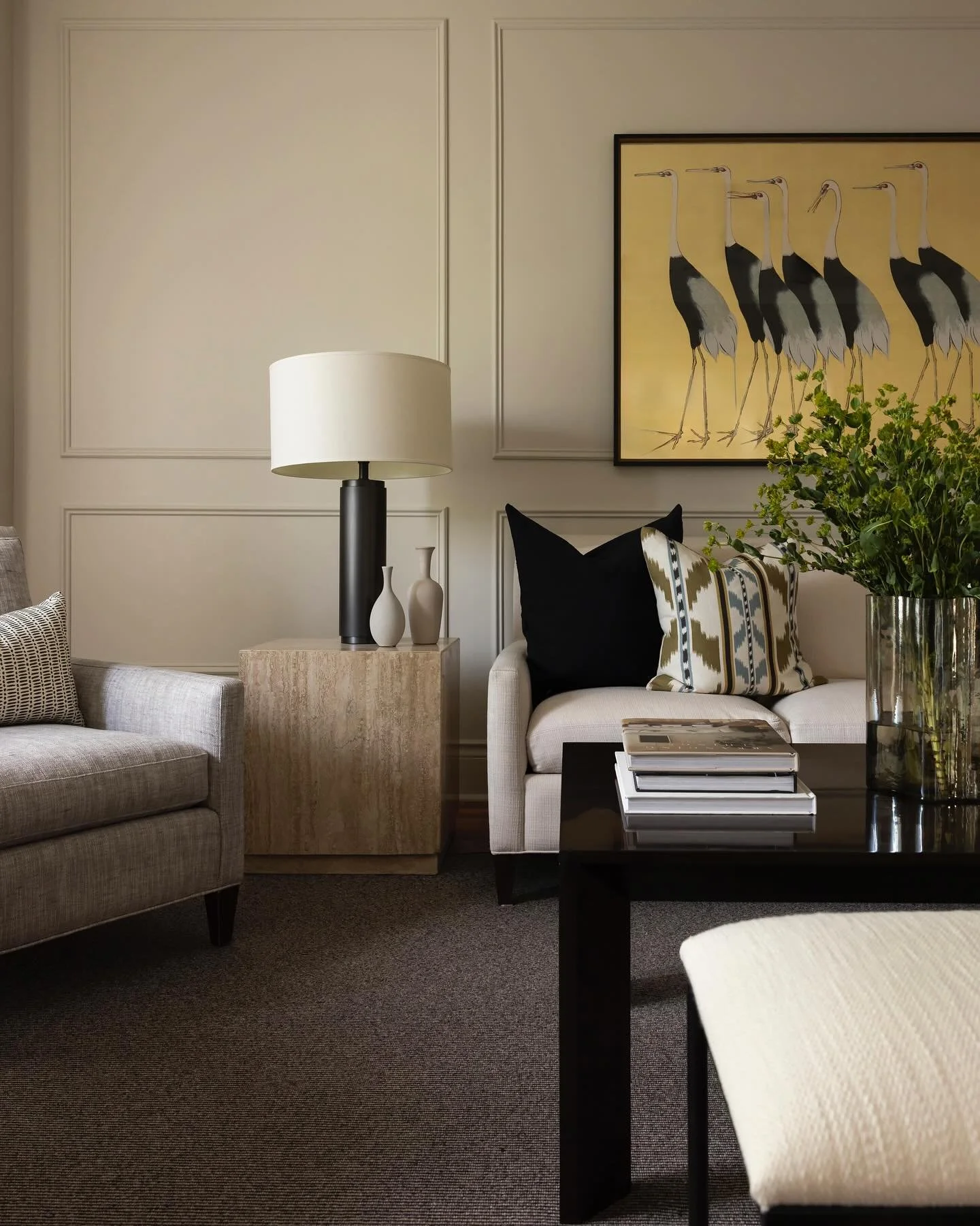 A refined living room that effortlessly balances form and function- equally suited to intimate post dinner conversations, quiet moments over a board game at the tucked away side table, or the gentle rhythm of an after school piano lesson. 

Design &a