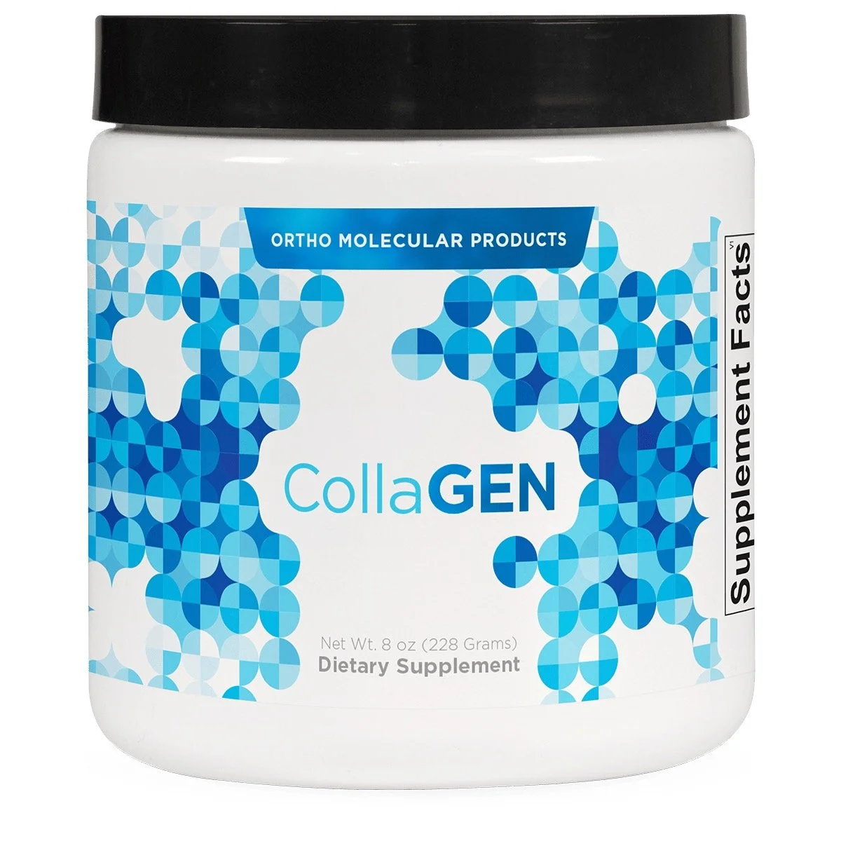 CollaGEN dietary supplement container by Ortho Molecular Products, featuring a blue geometric design and black lid.