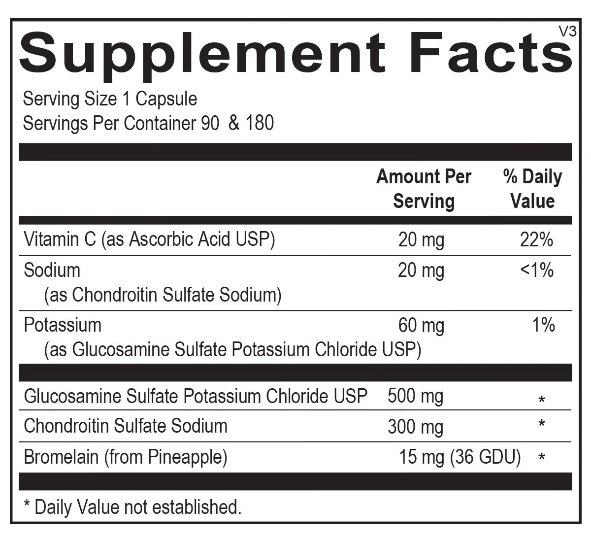 Supplement facts label showing nutritional information for a capsule. Listed are Vitamin C (20mg, 22% DV), Sodium (20mg, <1% DV), Potassium (60mg, 1% DV), Glucosamine Sulfate Potassium Chloride (500mg), Chondroitin Sulfate Sodium (300mg), and Bromelain (15mg, 36 GDU). Daily value for some ingredients not established. Container options: 90 or 180 servings.