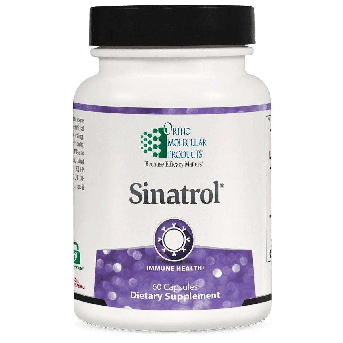 Bottle of Sinatrol dietary supplement by Ortho Molecular Products, labeled for immune health, containing 60 capsules.