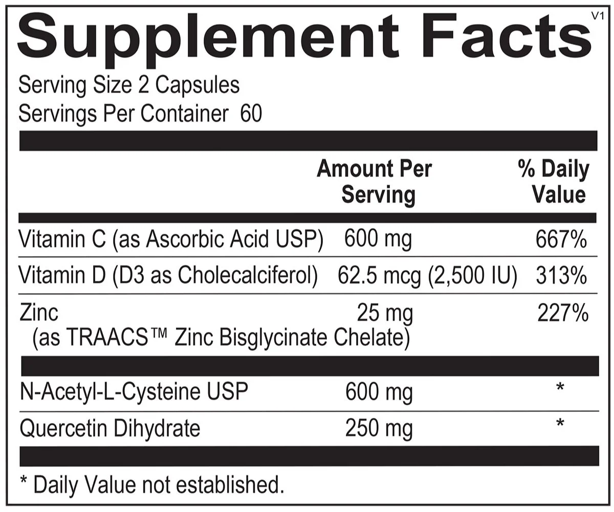 Supplement Facts label showing serving size of 2 capsules with 60 servings per container, containing Vitamin C, Vitamin D3, Zinc, N-Acetyl-L-Cysteine, and Quercetin Dihydrate.