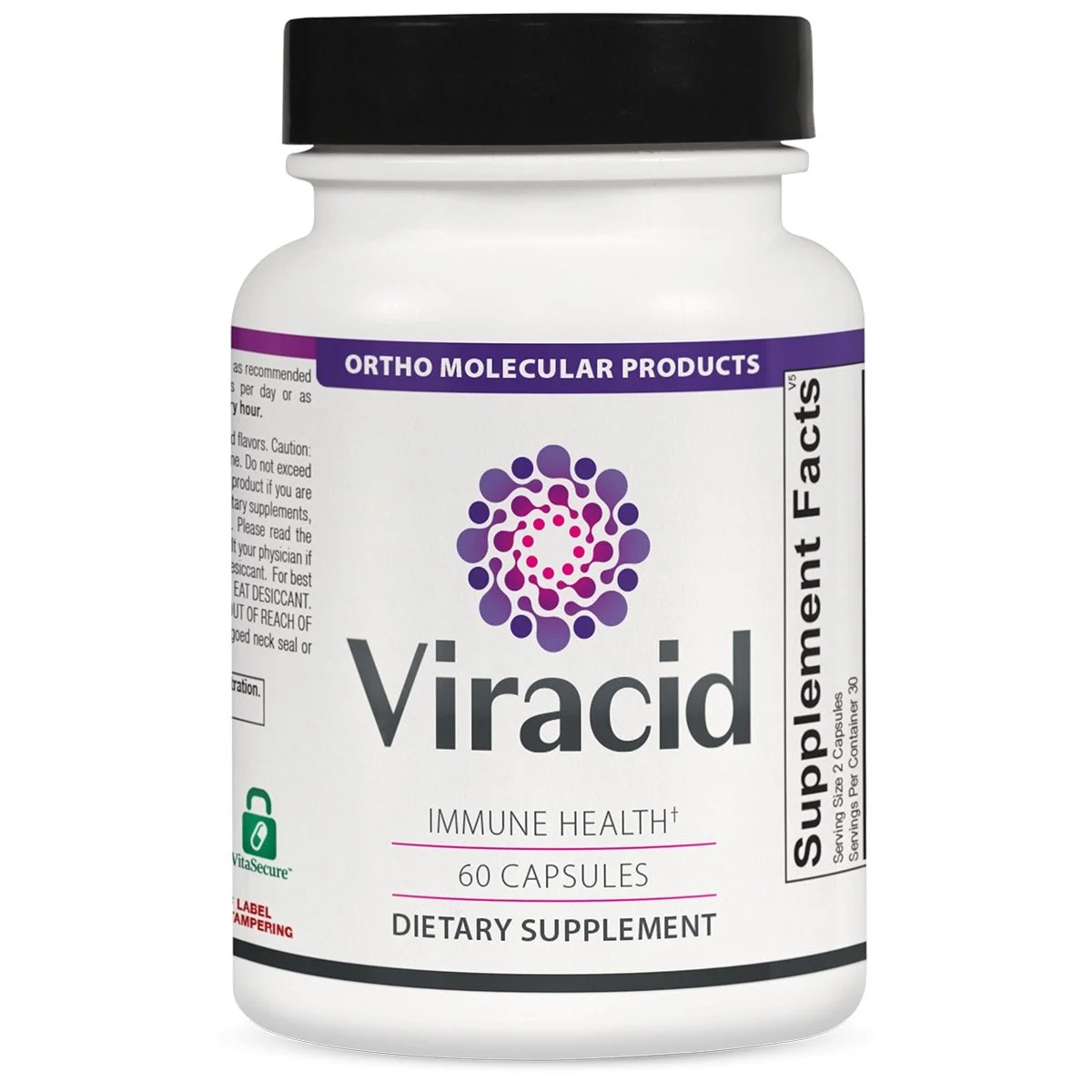 Bottle of Viracid dietary supplement for immune health with 60 capsules by Ortho Molecular Products.