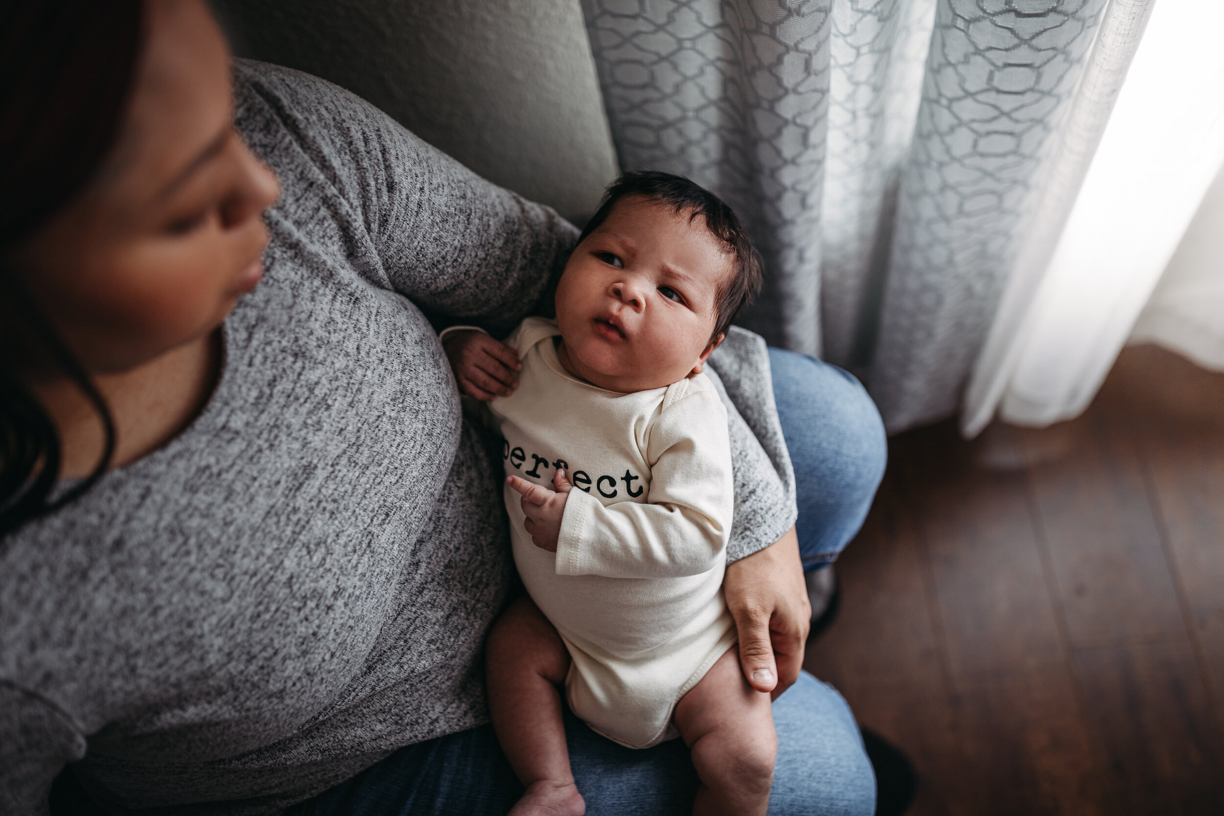 Mom and baby - Lifestyle Newborn Photos in  clients Home with Baby Boy and family photo and outfit ideas