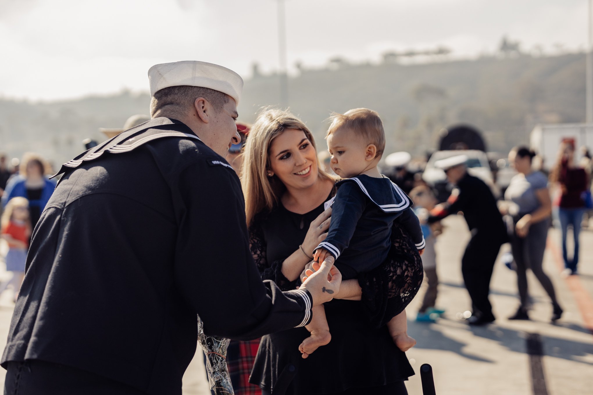 Baby seeing dad for first time military deployment 2021 uss Hampton 