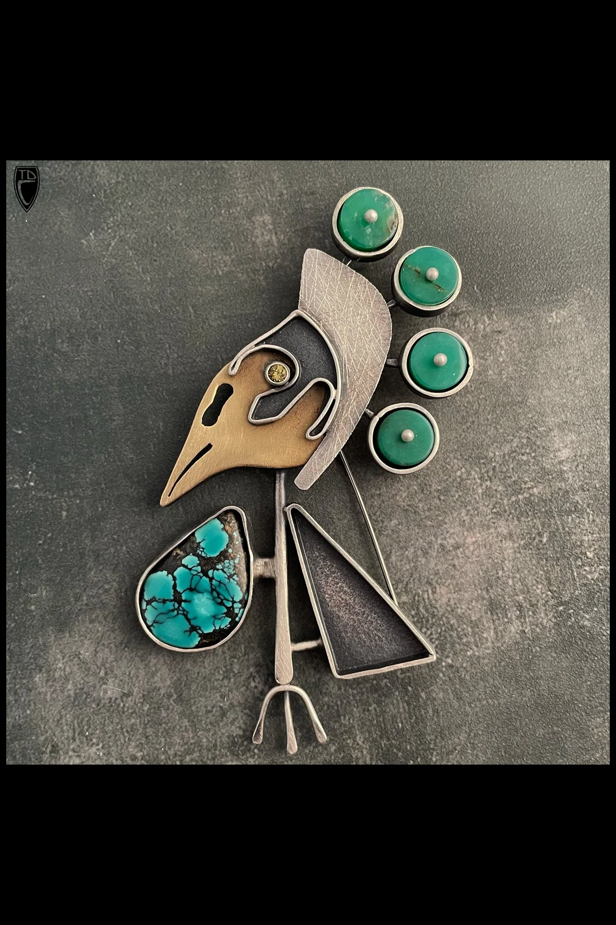 "Flavius Birdus", Sterling Silver, Brass, Turquoise, Jade and Tourmaline Abstract Bird Brooch/Pendnant