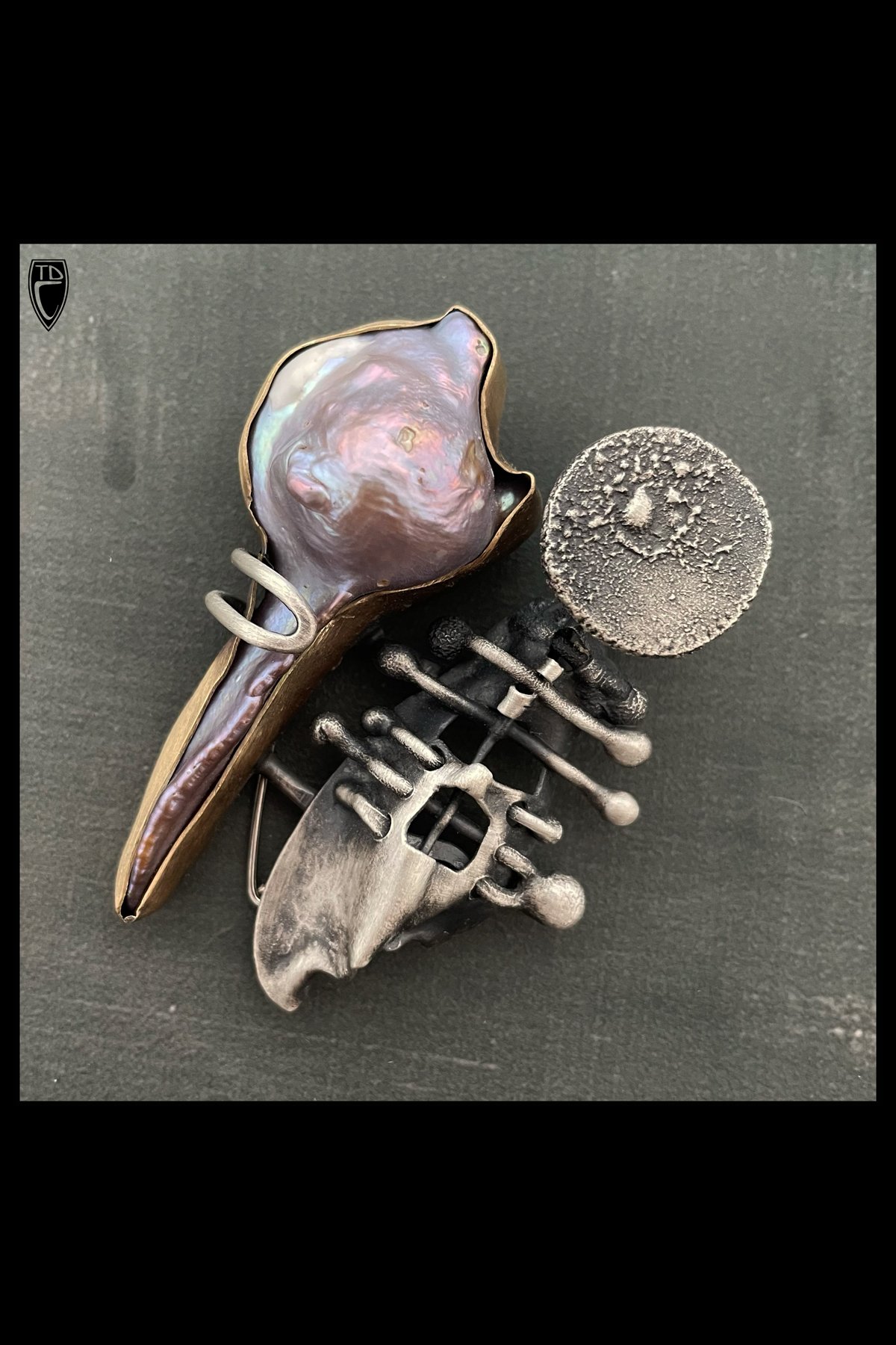 "Tide Relic" Sterling Silver, Brass and Baroque Pearl Brooch/pendant