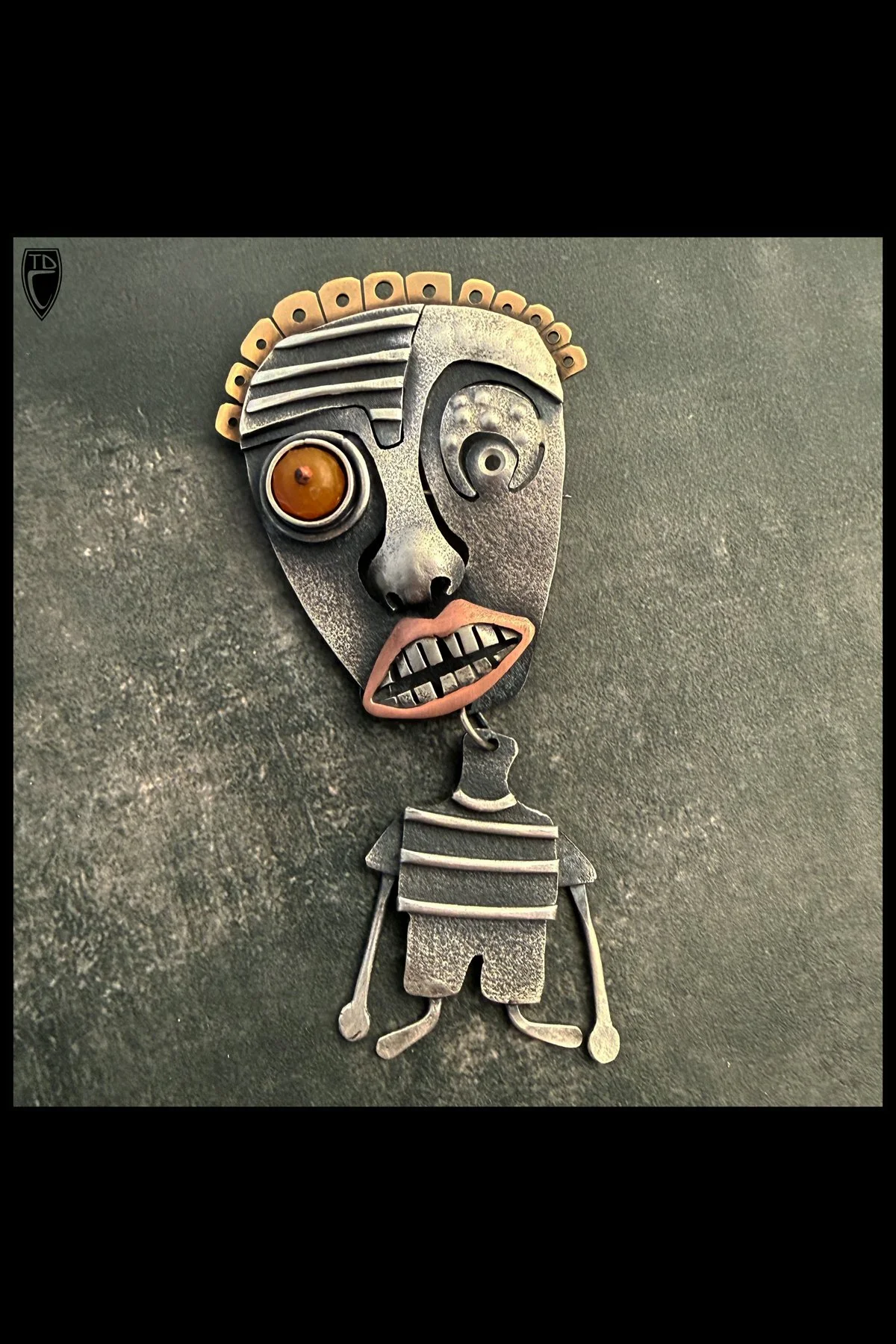 "Calvin", Sterling Silver, Copper, Brass and Carnelian Face Brooch/Pendant