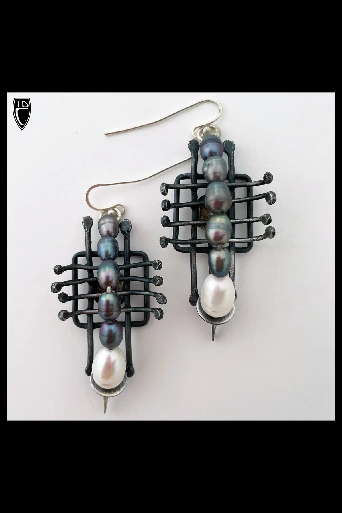 Hammered and Patinated Sterling Silver and Pearl Earrings