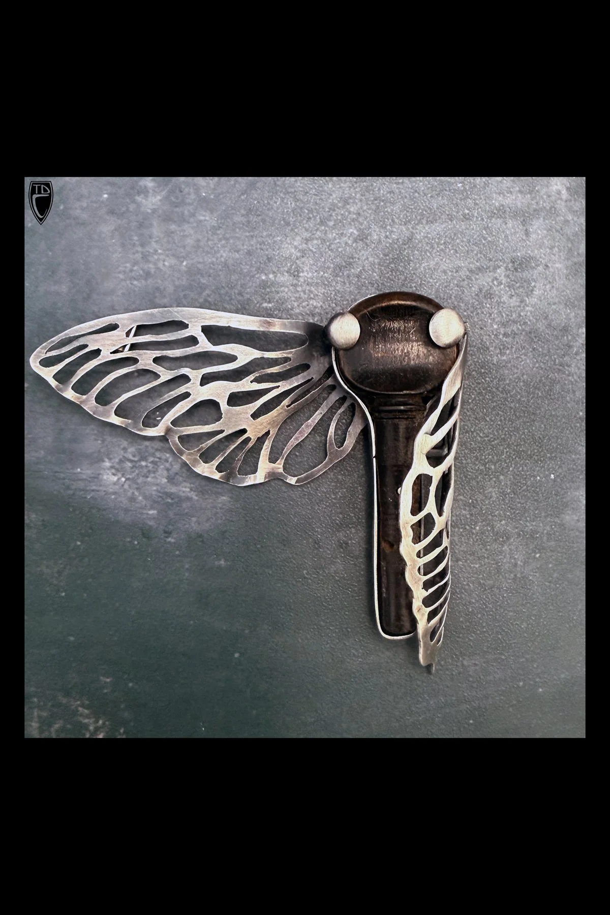 "Aftersong Keeper", Sterling Silver and Antique Wooden Violin Tuning Peg Cicada Brooch
