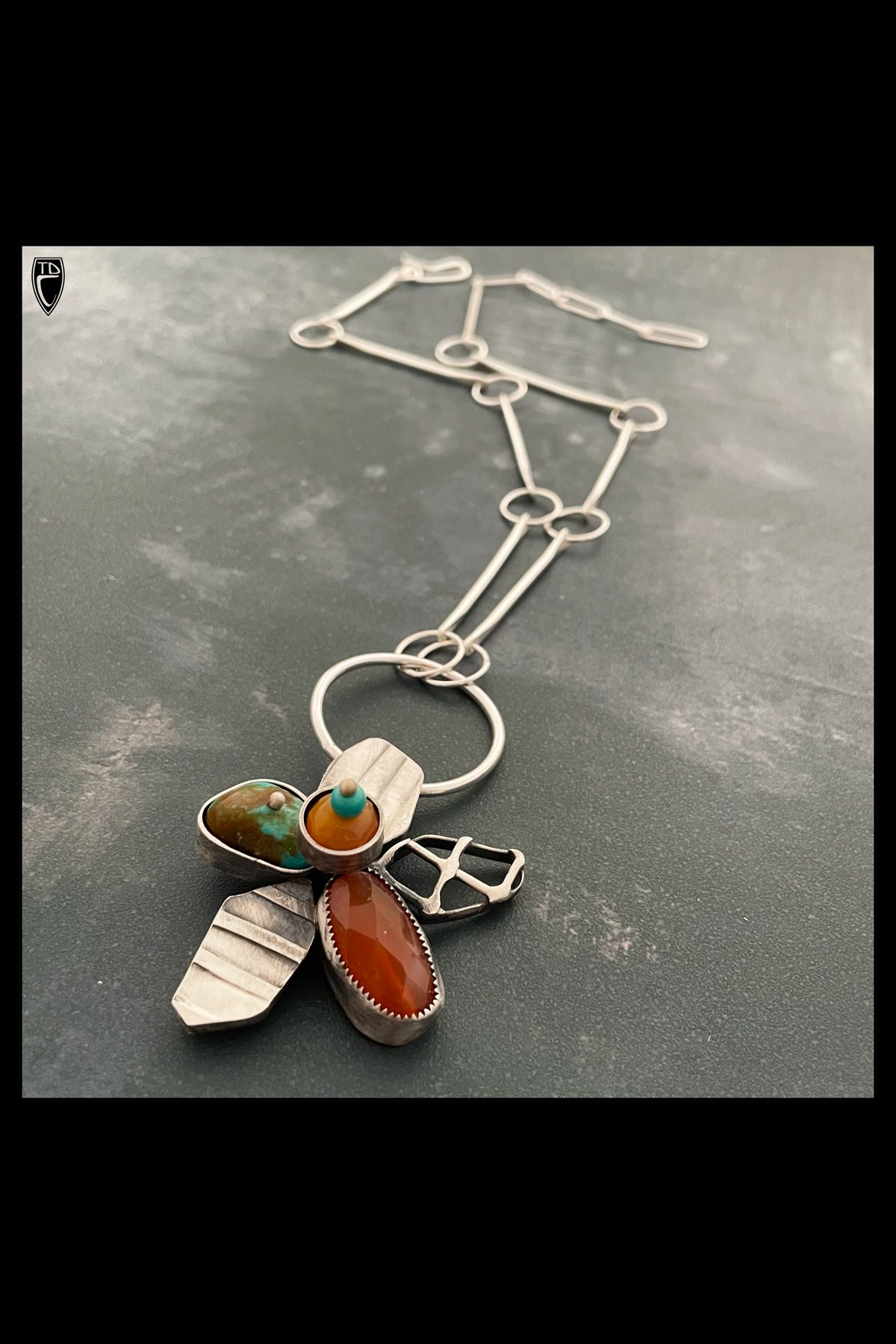 "Flower" Neckpiece, Sterling Silver, Carnelian, Turquoise and Aventurine