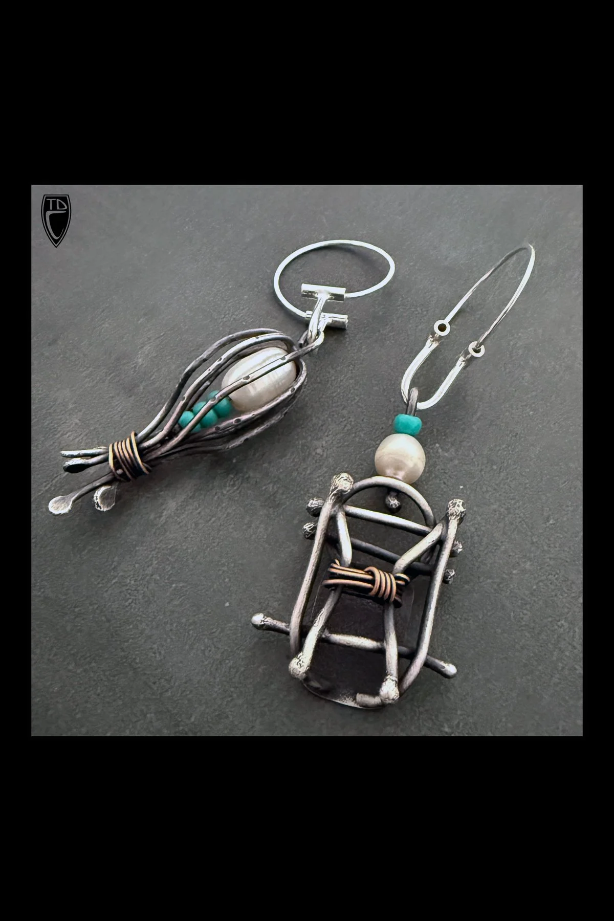 Forged Hoop Sterling Silver, Bronze, Pearl and Turquoise Mismatched Cage Earrings