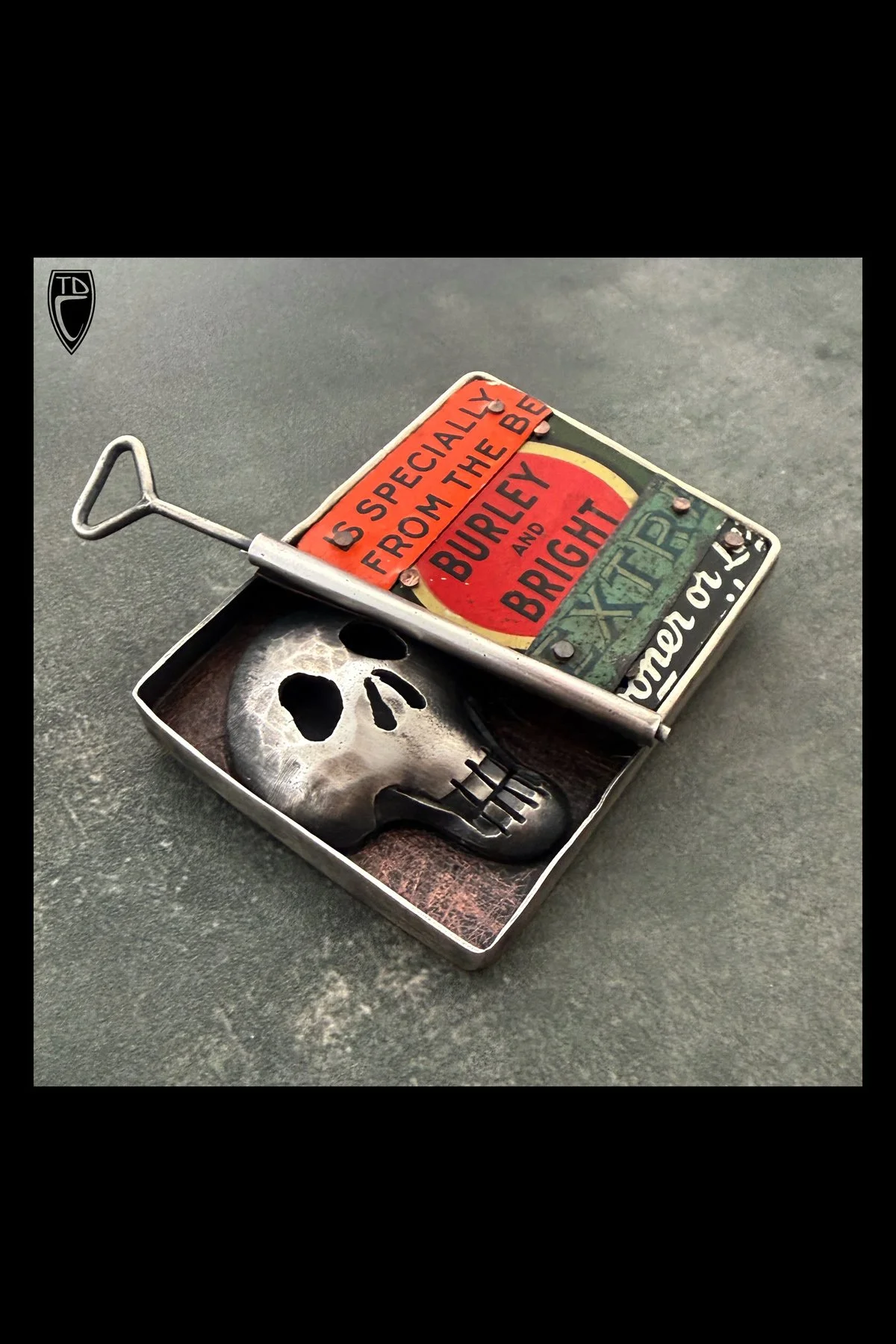 "Burley", Sterling Silver, Copper and Antique Tin Lithography Skull Brooch/Pendant