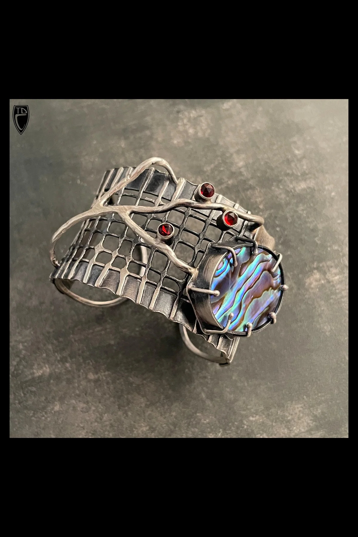 "Autumn" Sterling Silver, Garnet and Abalone Shell Cuff