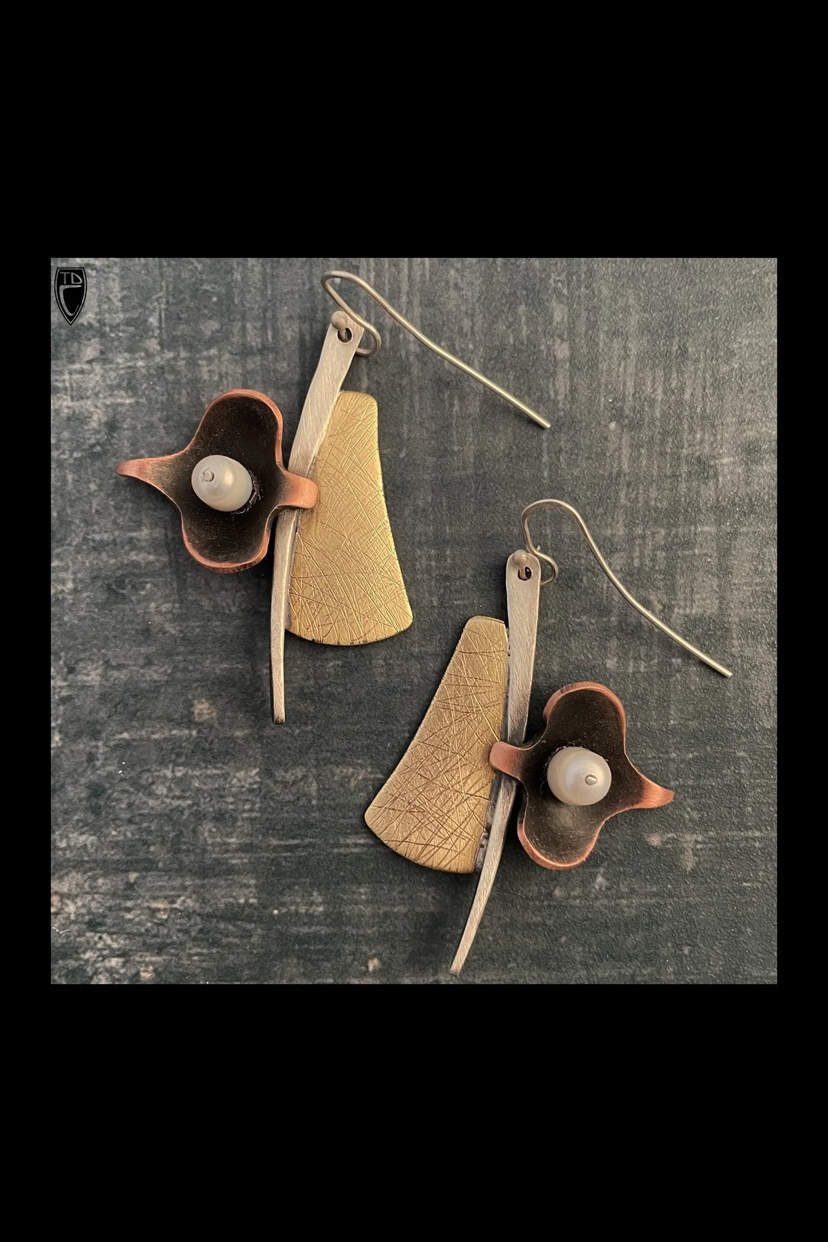 Sterling Silver, Brass, Copper and Pearl Spade Earrings