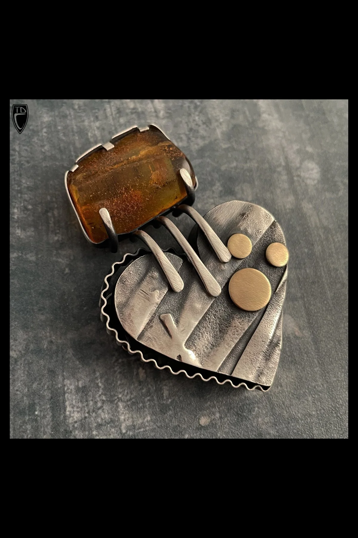 Sterling Silver, Brass, Baltic Amber and Steel Heart Brooch/Pendant