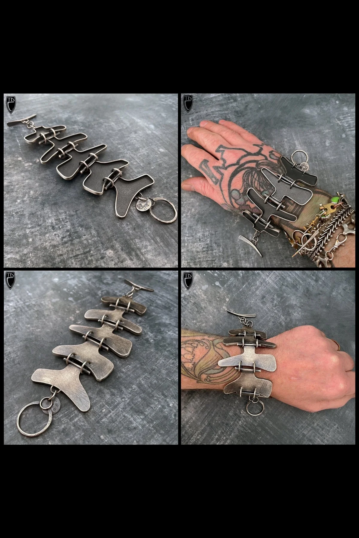 Sterling Silver Patinated and Scratch Finished Rod and Ring Linked Reversible Toggle Bracelet