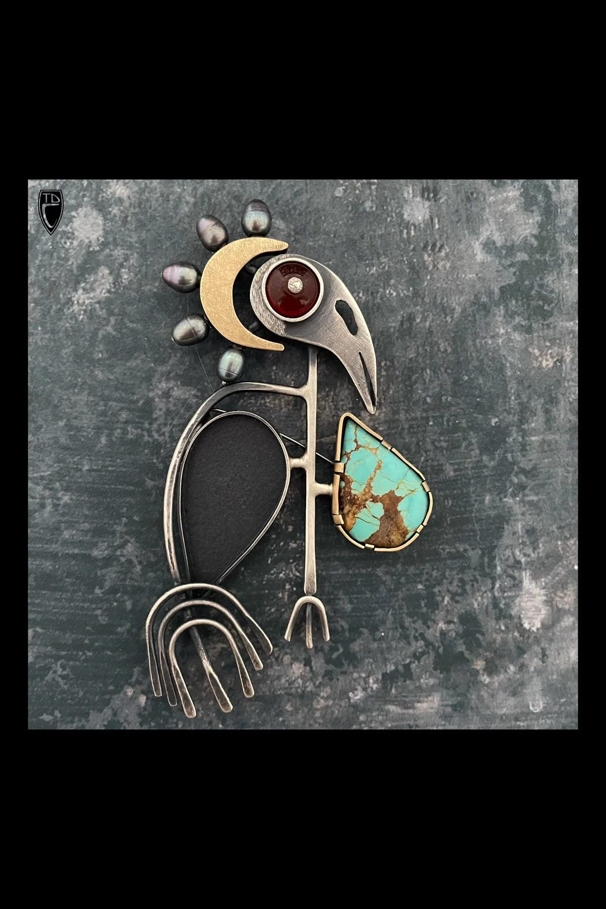 "Ravenette", Sterling Silver, Brass, Turquoise, Carnelian, Pearl and Steel Baby Bird Brooch/Pendant