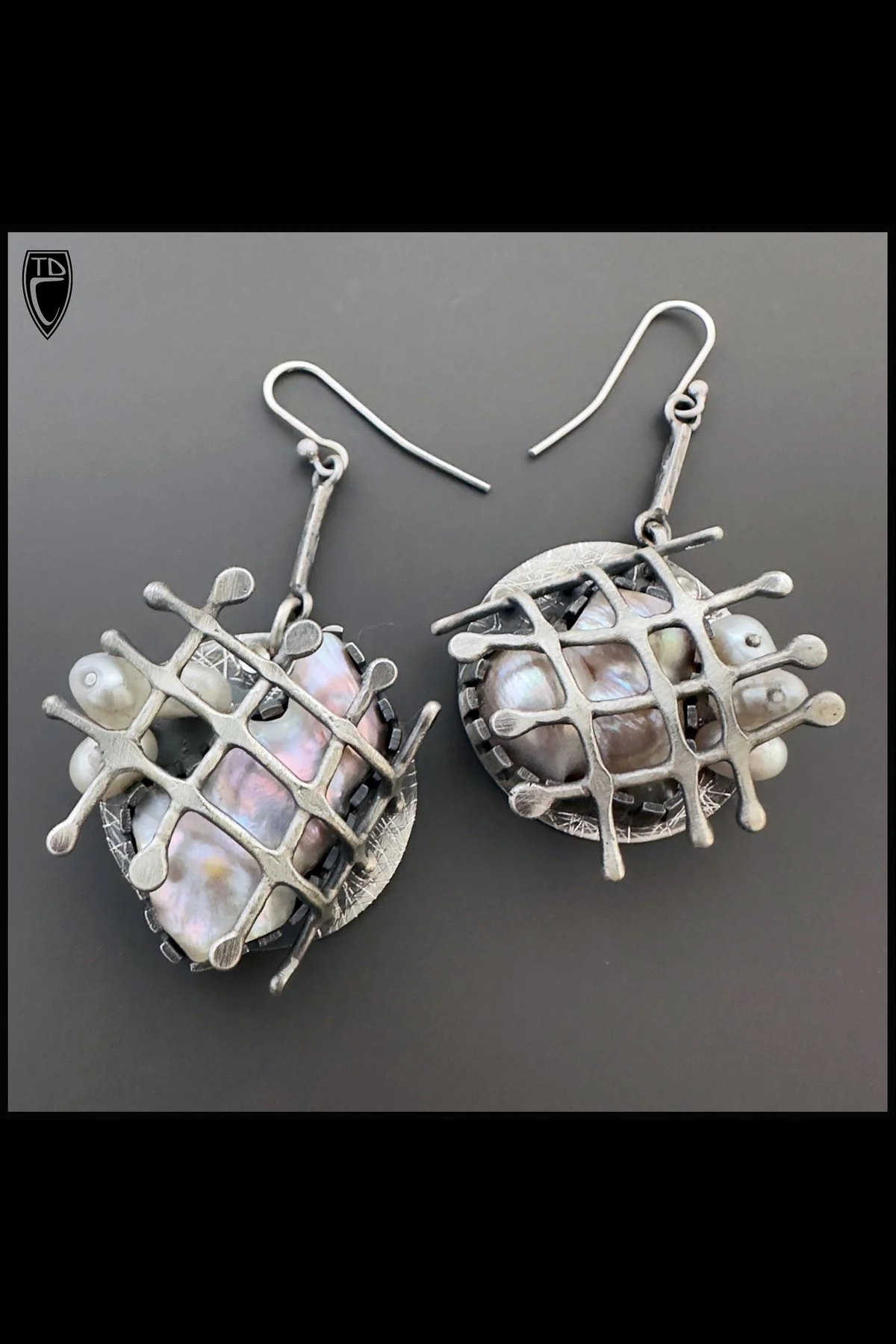 Sterling Silver Net Caged Mabe and Fresh Water Pearl Earrings