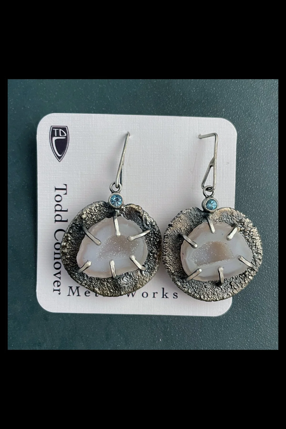 One of a Kind Sterling Silver, Split Geode and Blue Topaz Earrings