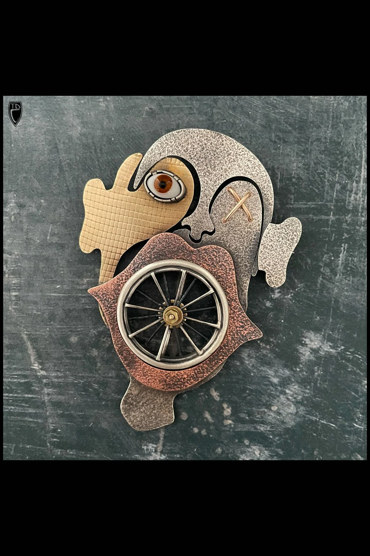 "Beady-Eyed Motor Mouth", Sterling, Copper, Brass, Bronze and Vintage Glass Doll's Eye Brooch/Pendant