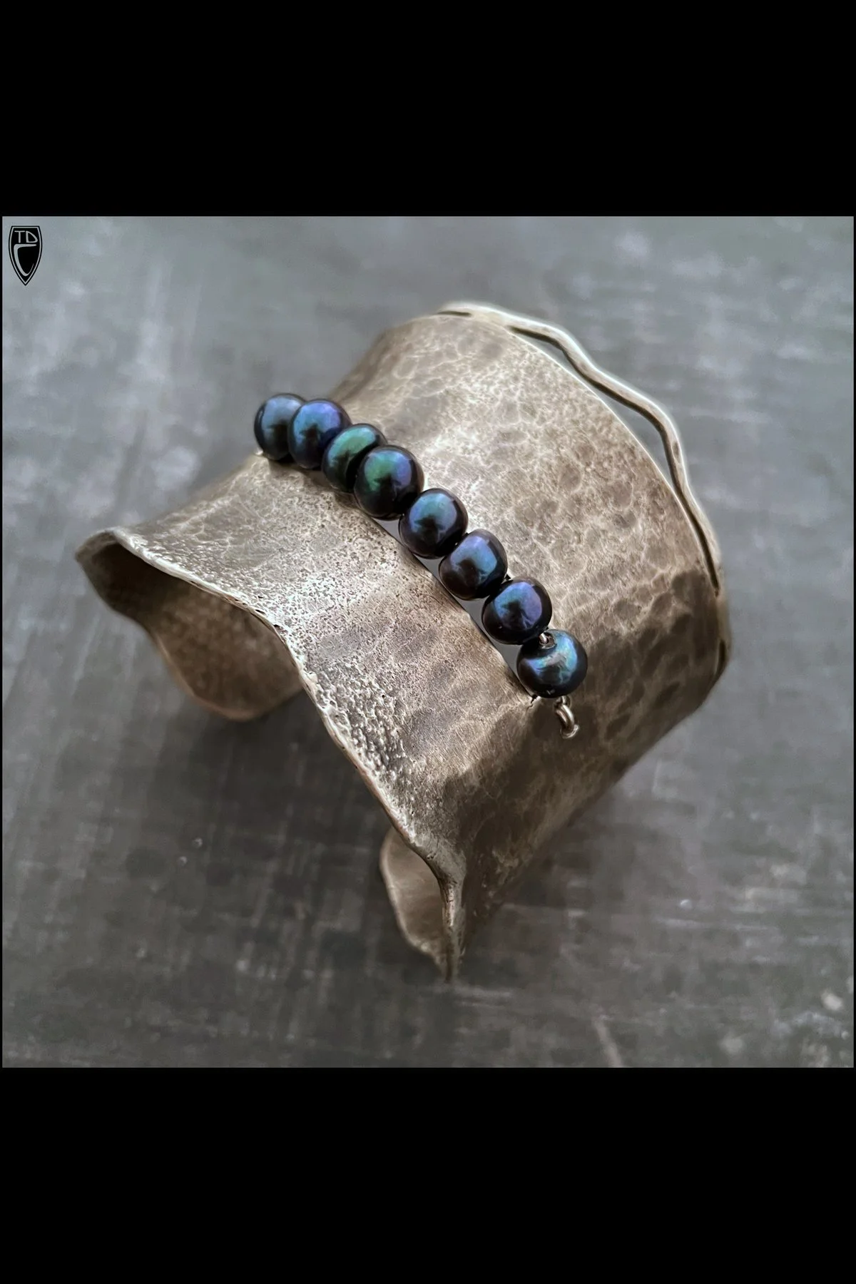 "Live Edge" Hammered and Patinated Sterling Silver and Pearl Concave Cuff