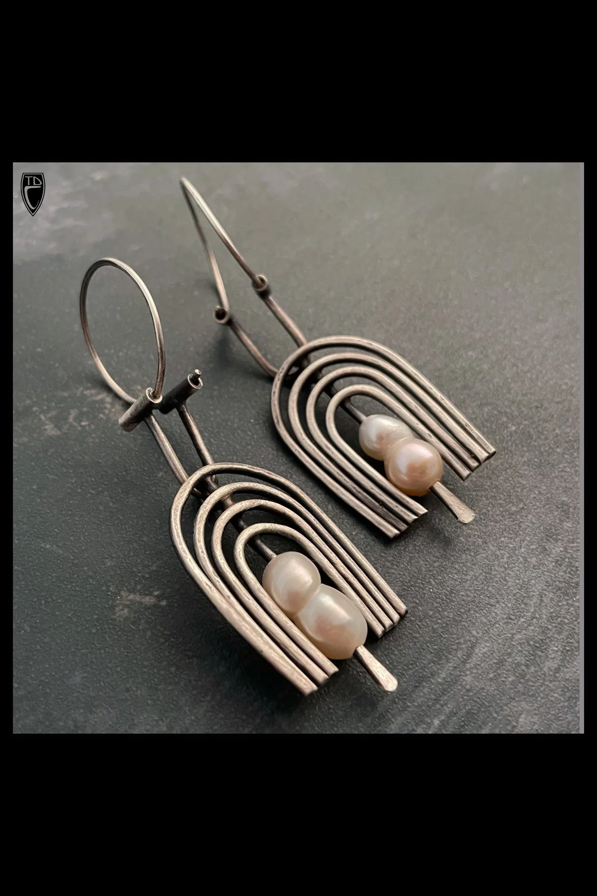 Sterling Silver and Pearl Forged Kinetic Hoop Earrings
