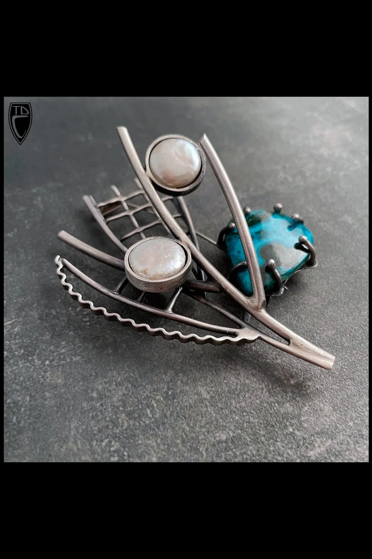 "Contemplative" Sterling Silver, Pearl and  Chrysocolla Malachite Branch Brooch