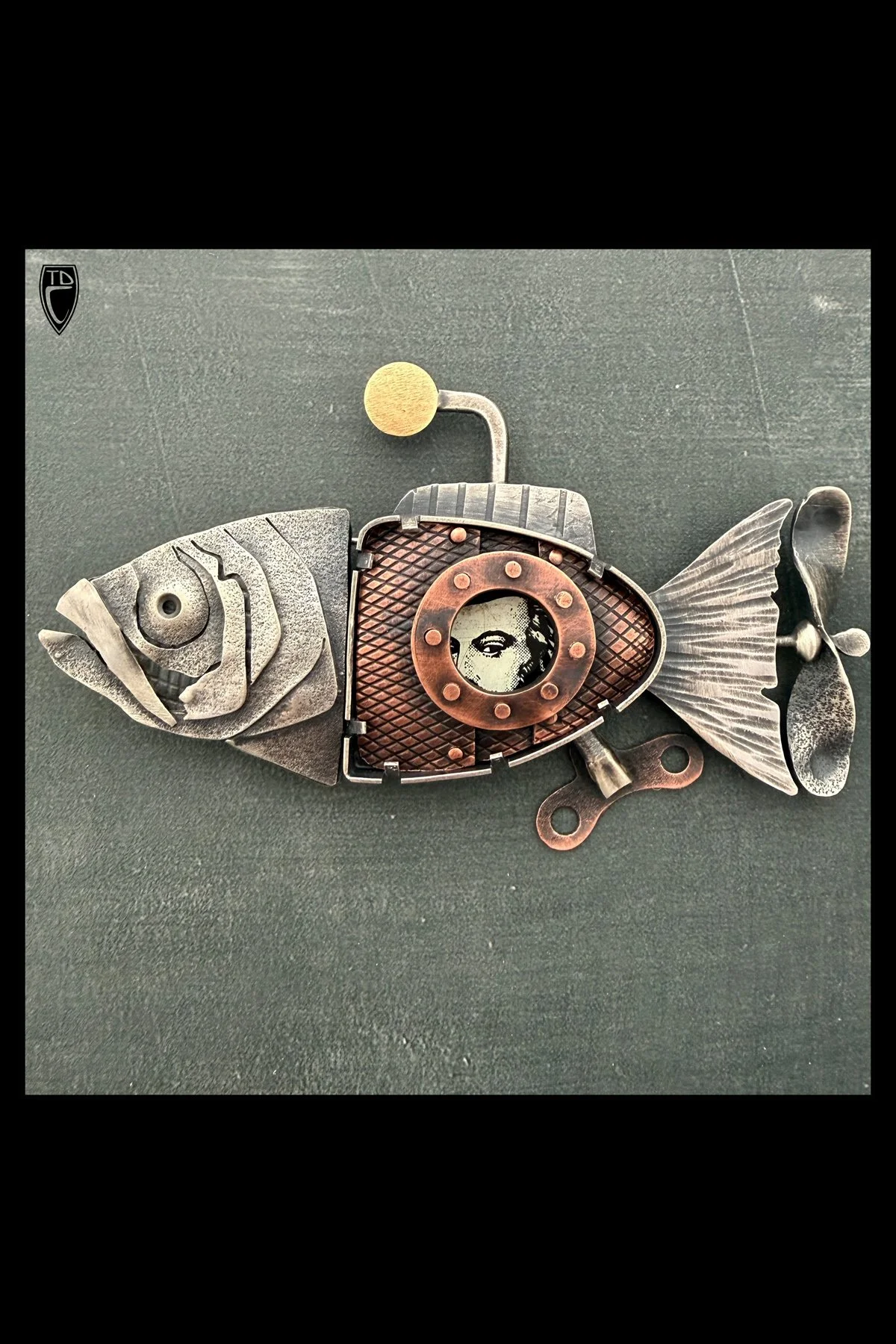 "Submerged", Sterling Silver, Copper, Brass and Antique Tin Lithography Fish Brooch/Pendant