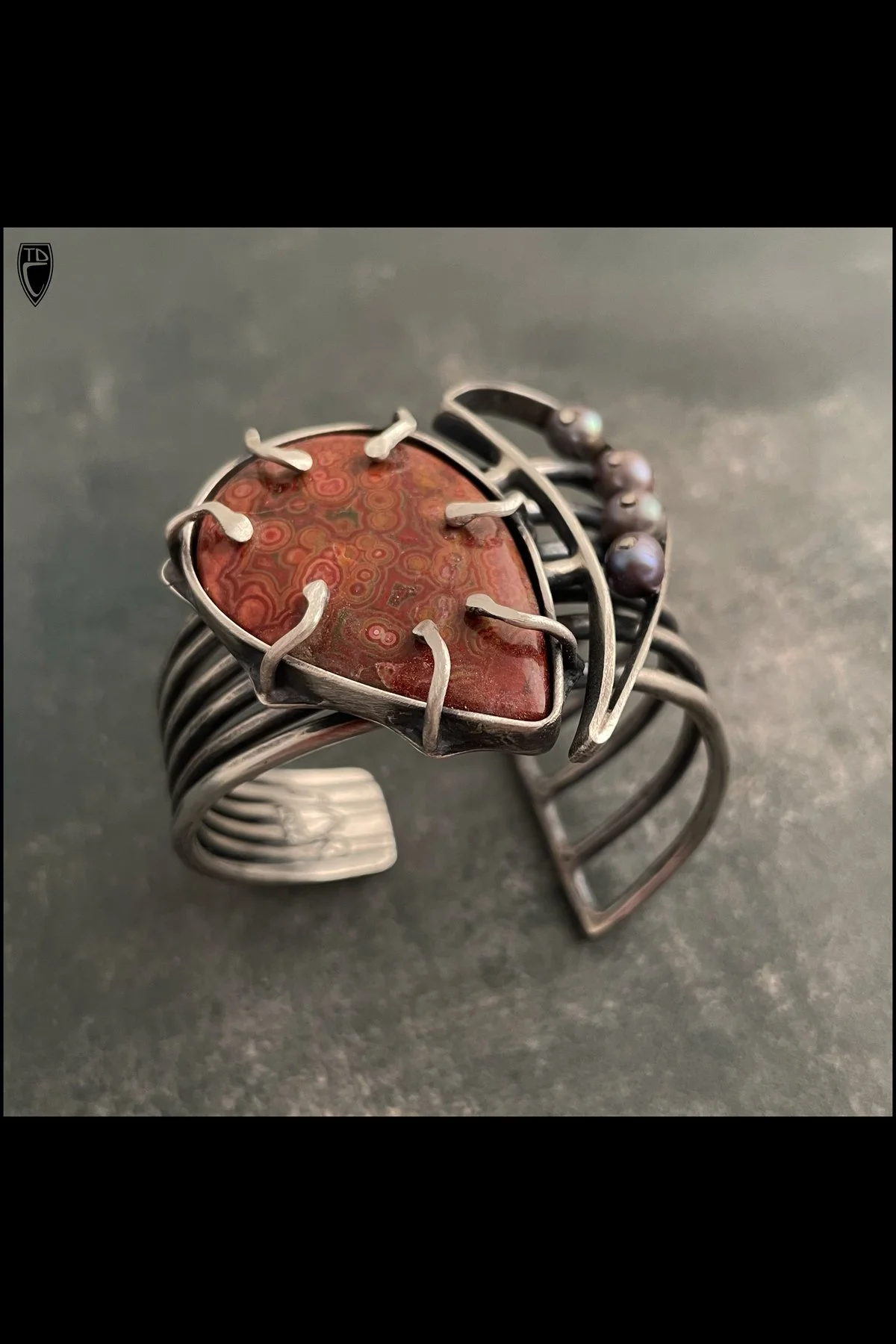 Sterling Silver, Crazy Lace Agate and Pearl Abstract Heart Cuff