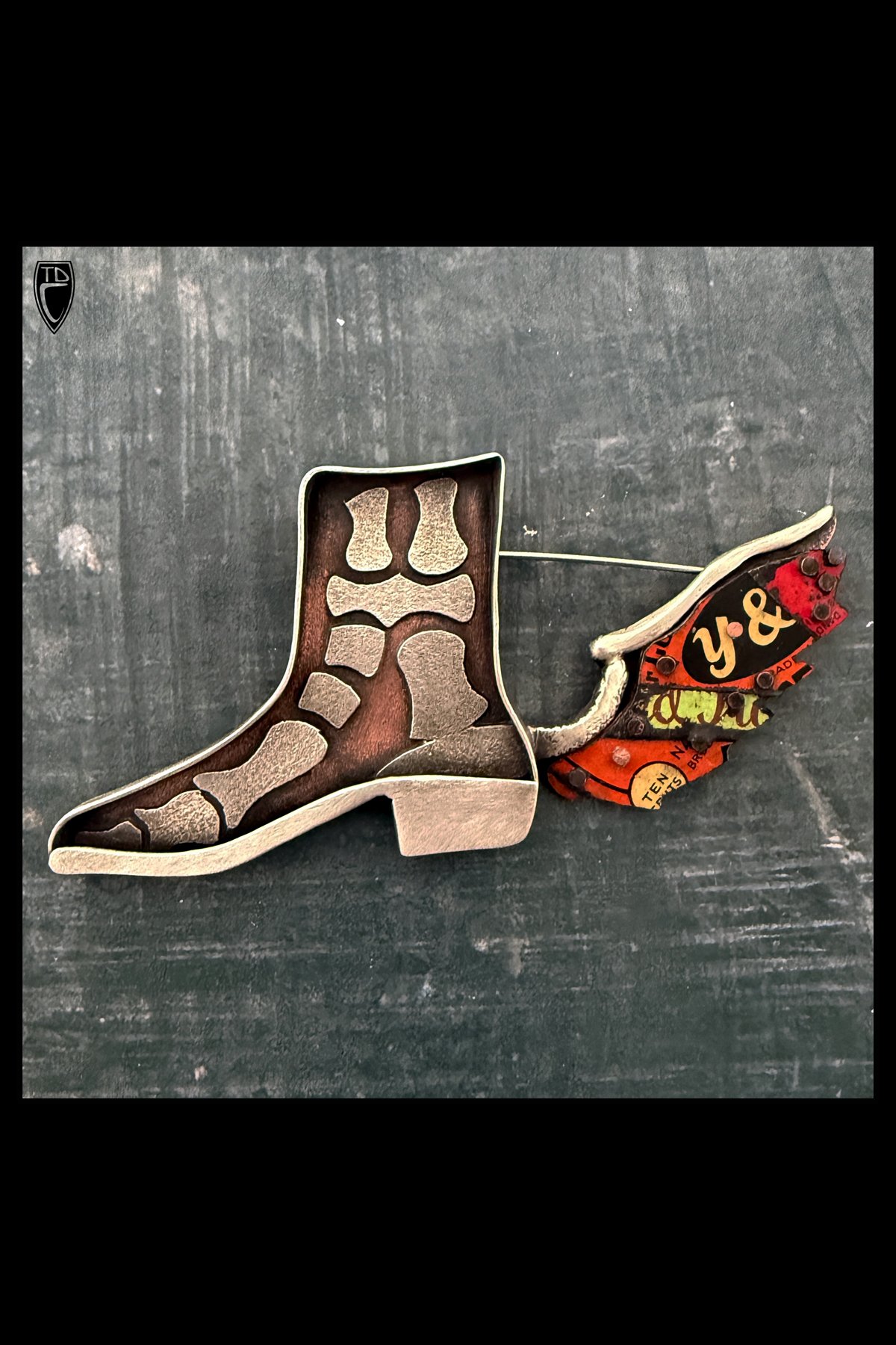 "My Feet are Killing Me", Sterling Silver, Copper and Antique Tin Lithography Brooch/Pendant