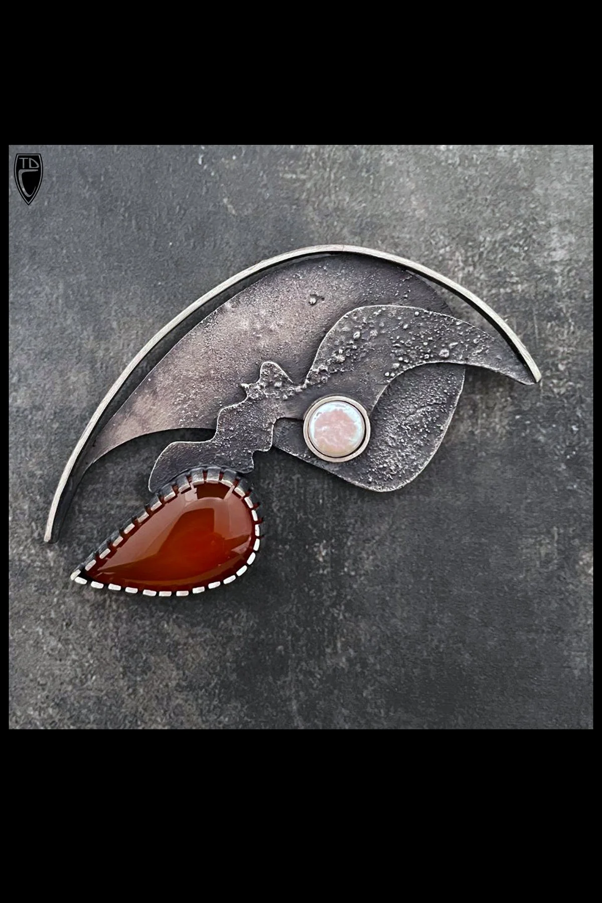 "Quoth the Raven", Sterling Silver, Pearl and Carnelian Brooch