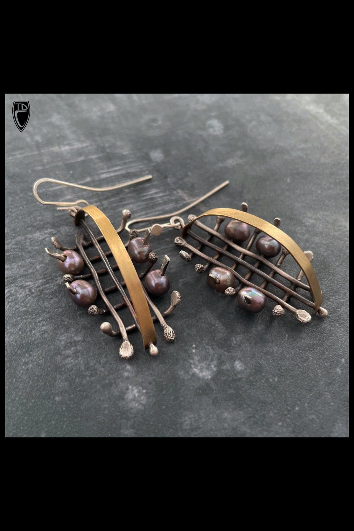 Sterling Silver, Brass and Black Fresh Water Pearl Ladder Earrings